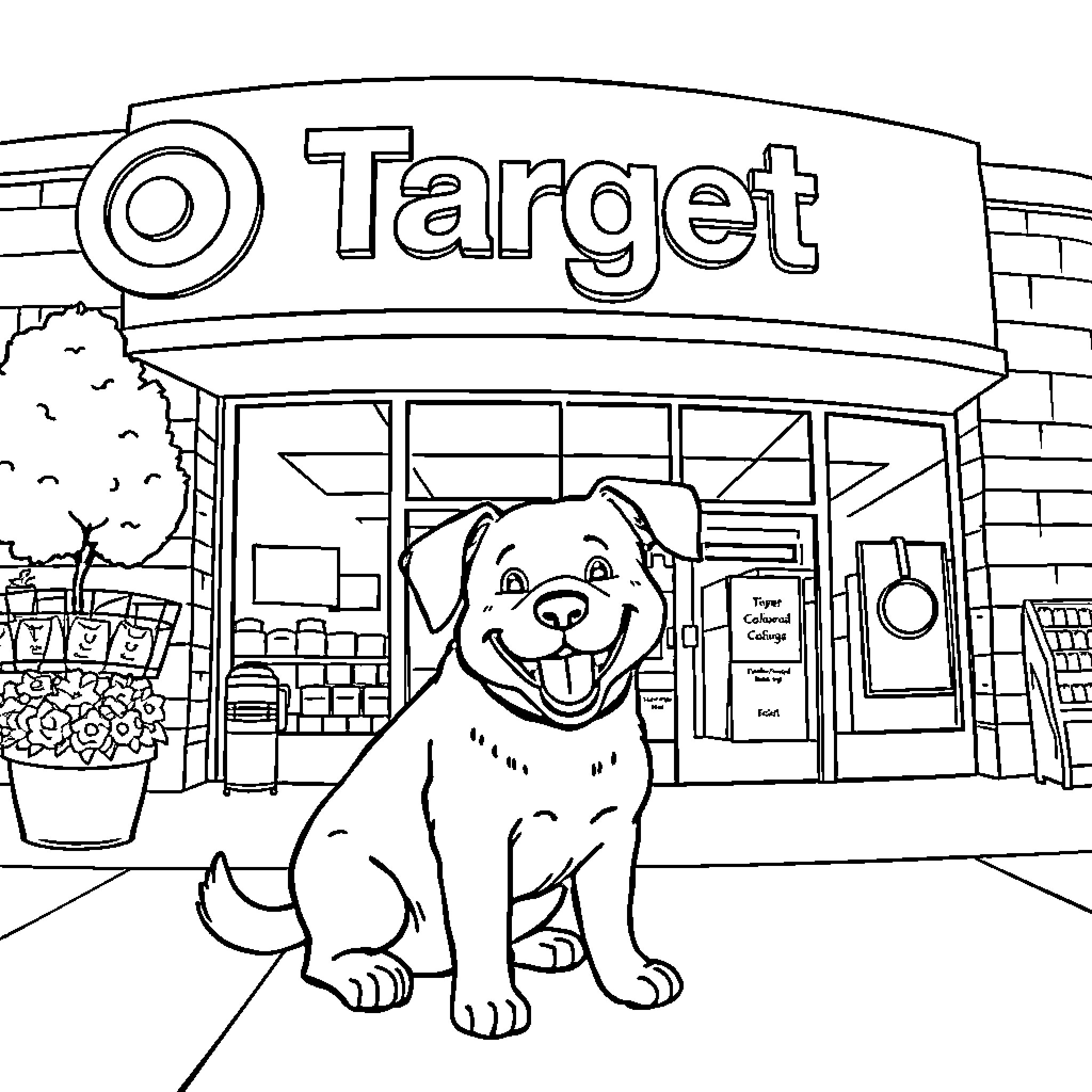 Dog sitting happily outside Target store Coloring Page (free black-and-white line drawing printable PDF for all, from beginners to advanced learners, including children, teens, adults, and seniors)