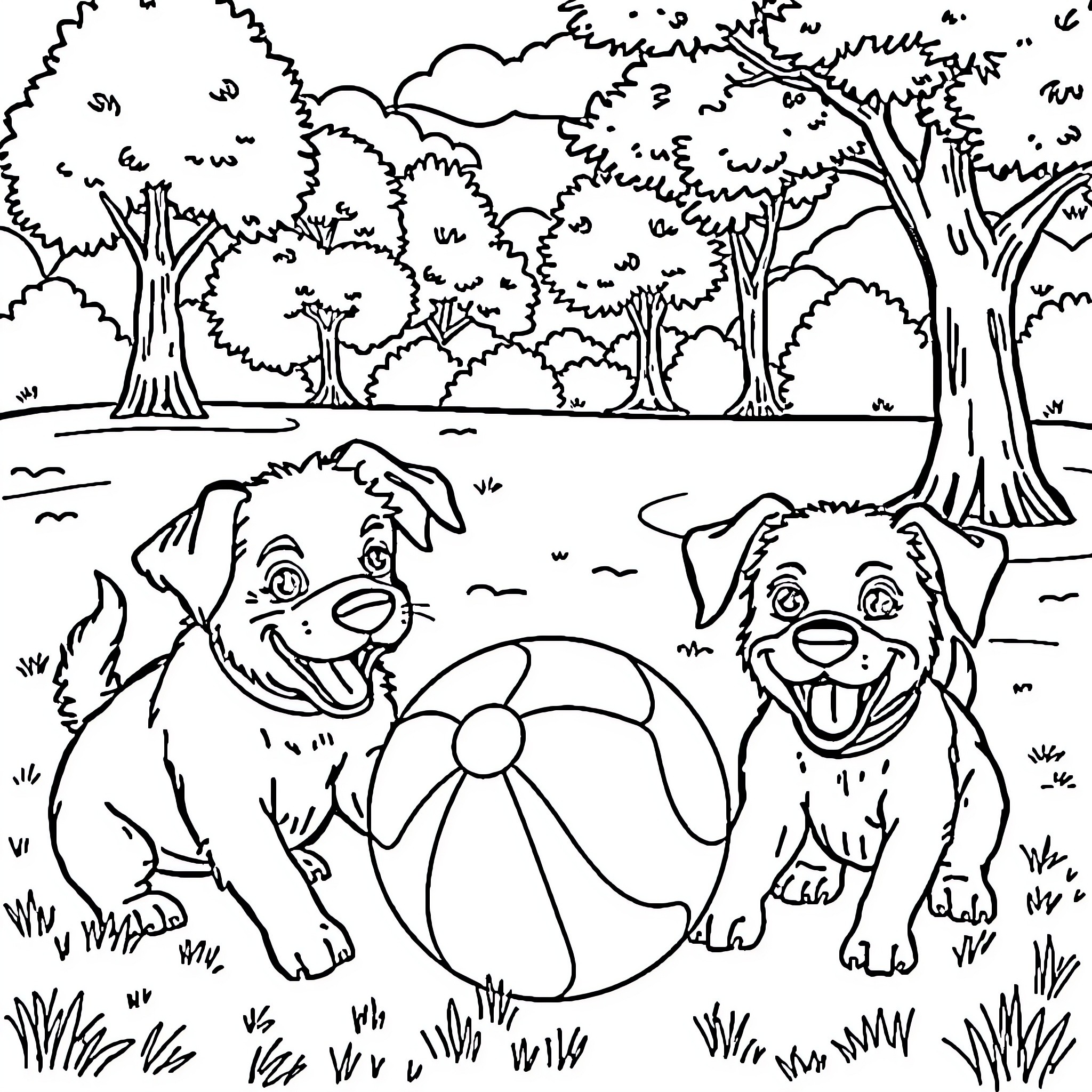 Dogs playing with a ball in the park Coloring Page (free black-and-white line drawing printable PDF for all, from beginners to advanced learners, including children, teens, adults, and seniors)