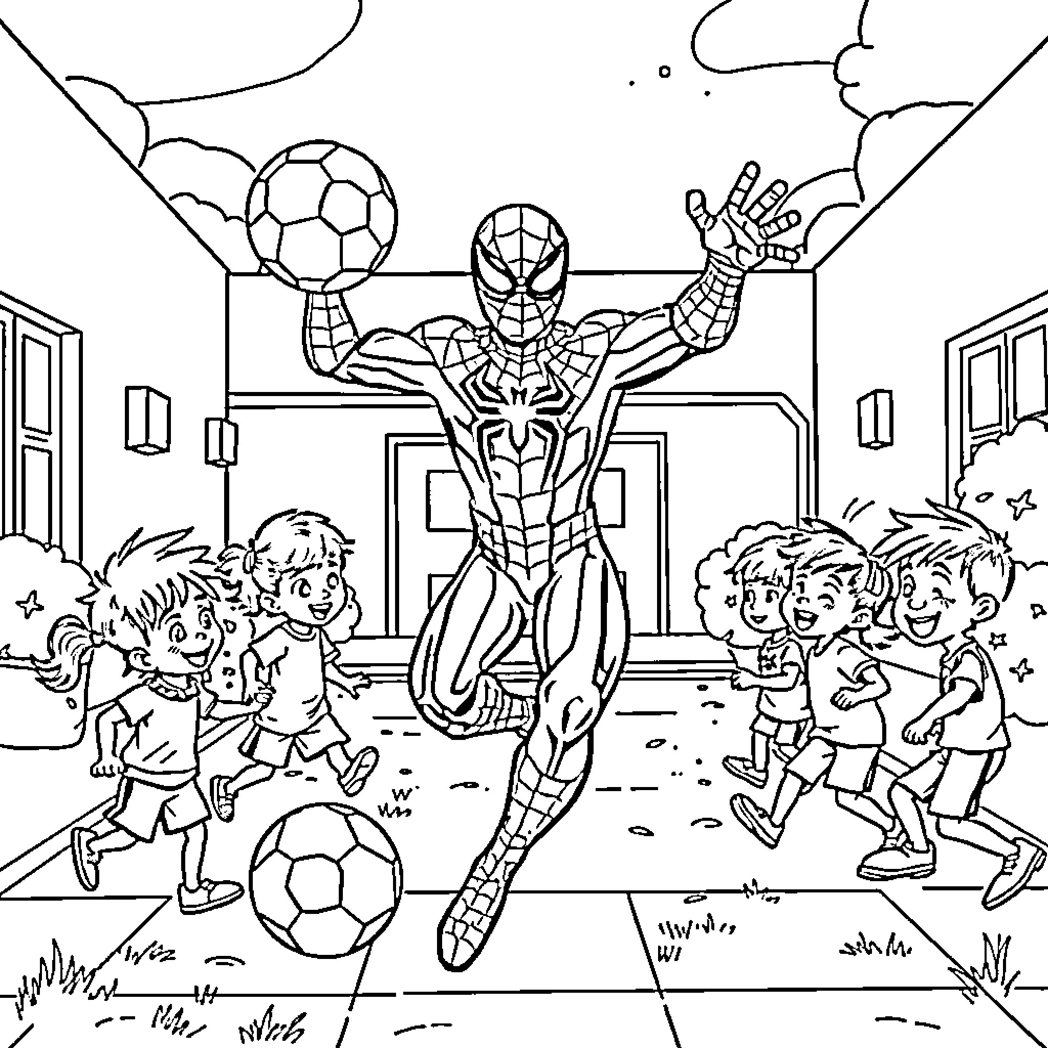 Spider-Man Saving Children Playing Soccer Coloring Page (free black-and-white line drawing printable PDF for all, from beginners to advanced learners, including children, teens, adults, and seniors)