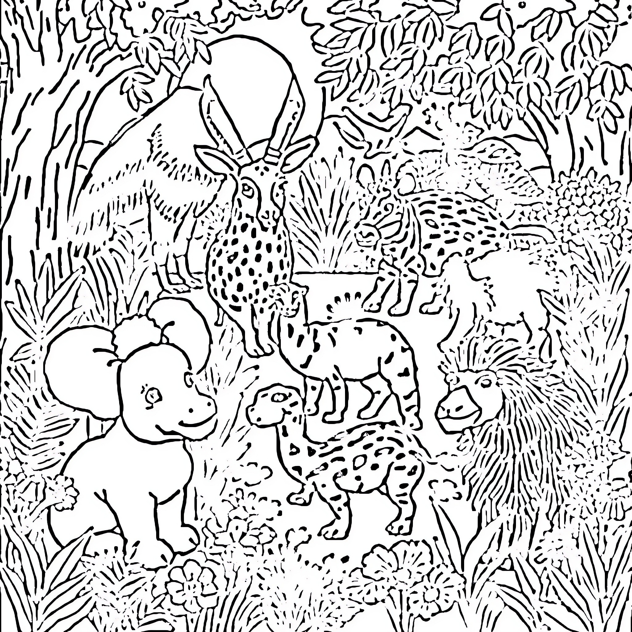 Animal friends in the lush jungle Coloring Page (free black-and-white line drawing printable PDF for all, from beginners to advanced learners, including children, teens, adults, and seniors)