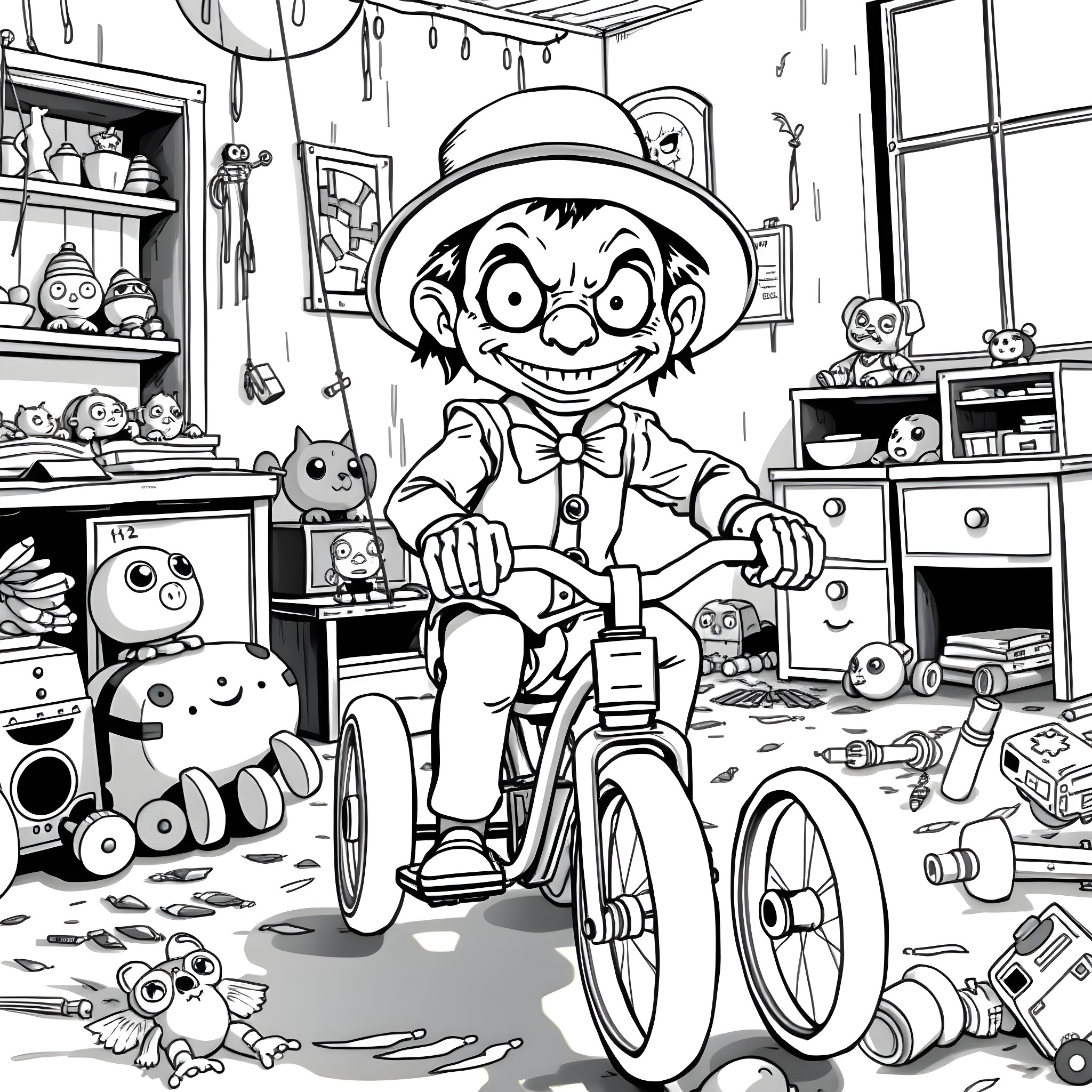 Billy's Toy Room Adventure Coloring Page (free black-and-white line drawing printable PDF for all, from beginners to advanced learners, including children, teens, adults, and seniors)