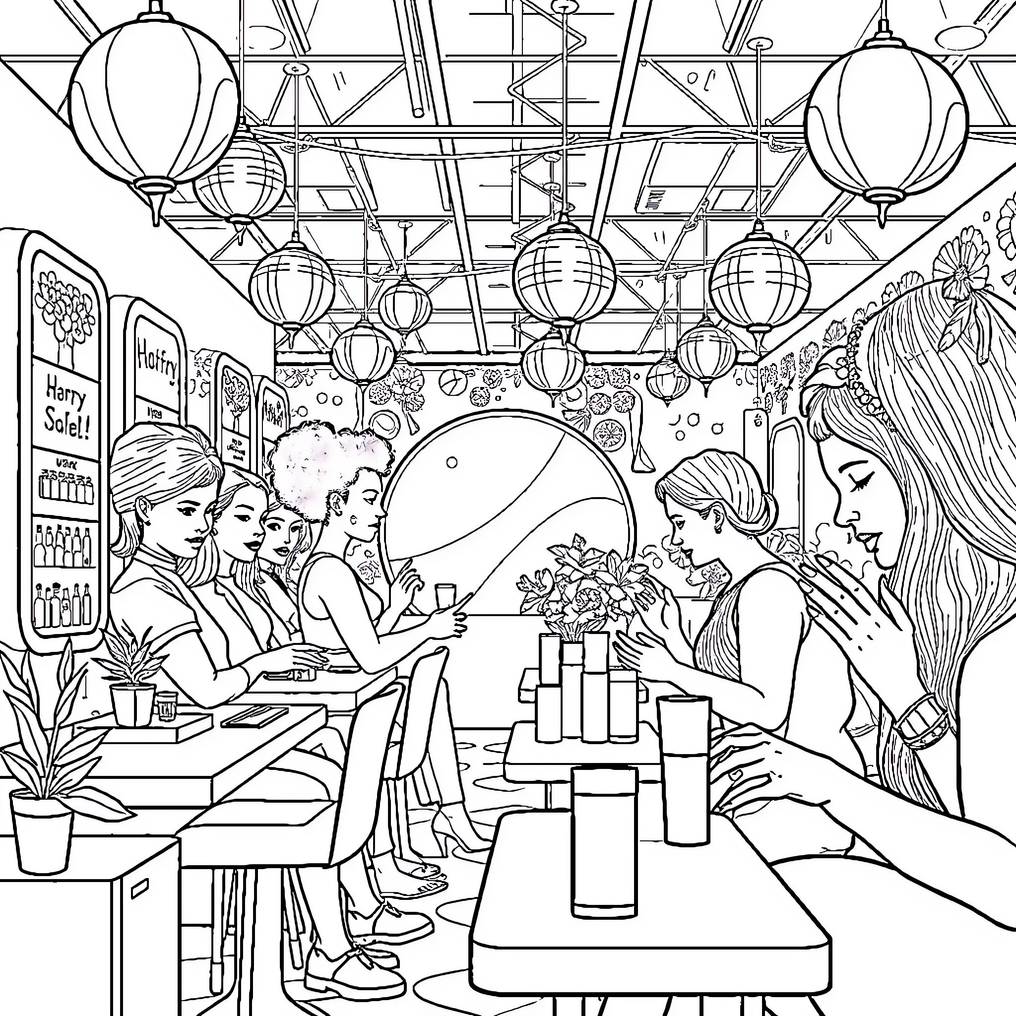 Nail Salon with Customers Enjoying Services Coloring Page (free black-and-white line drawing printable PDF for all, from beginners to advanced learners, including children, teens, adults, and seniors)