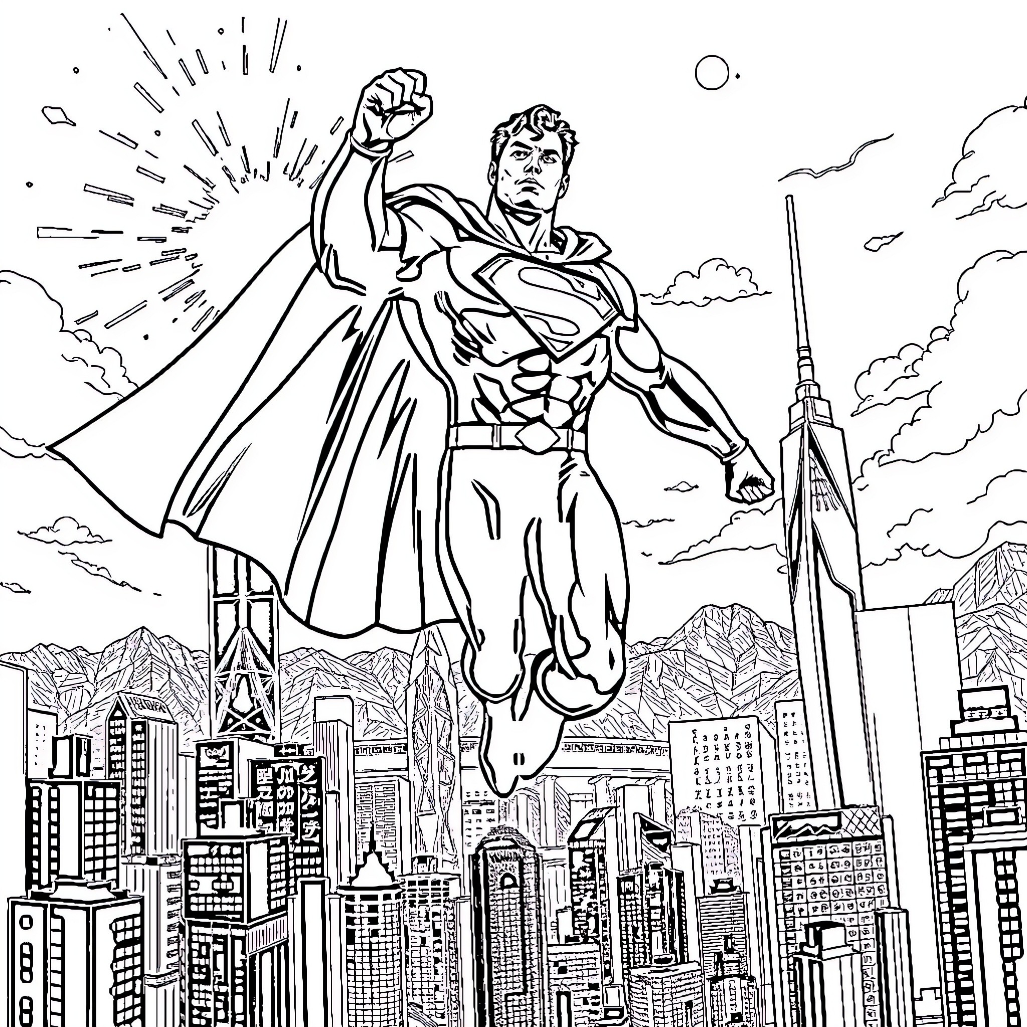 Superman soaring over a city in action Coloring Page (free black-and-white line drawing printable PDF for all, from beginners to advanced learners, including children, teens, adults, and seniors)