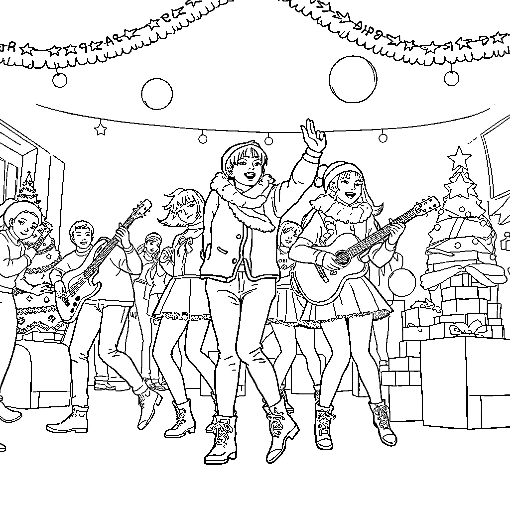 K-Pop Warriors Celebrate in Festive Performance Coloring Page (free black-and-white line drawing printable PDF for all, from beginners to advanced learners, including children, teens, adults, and seniors)