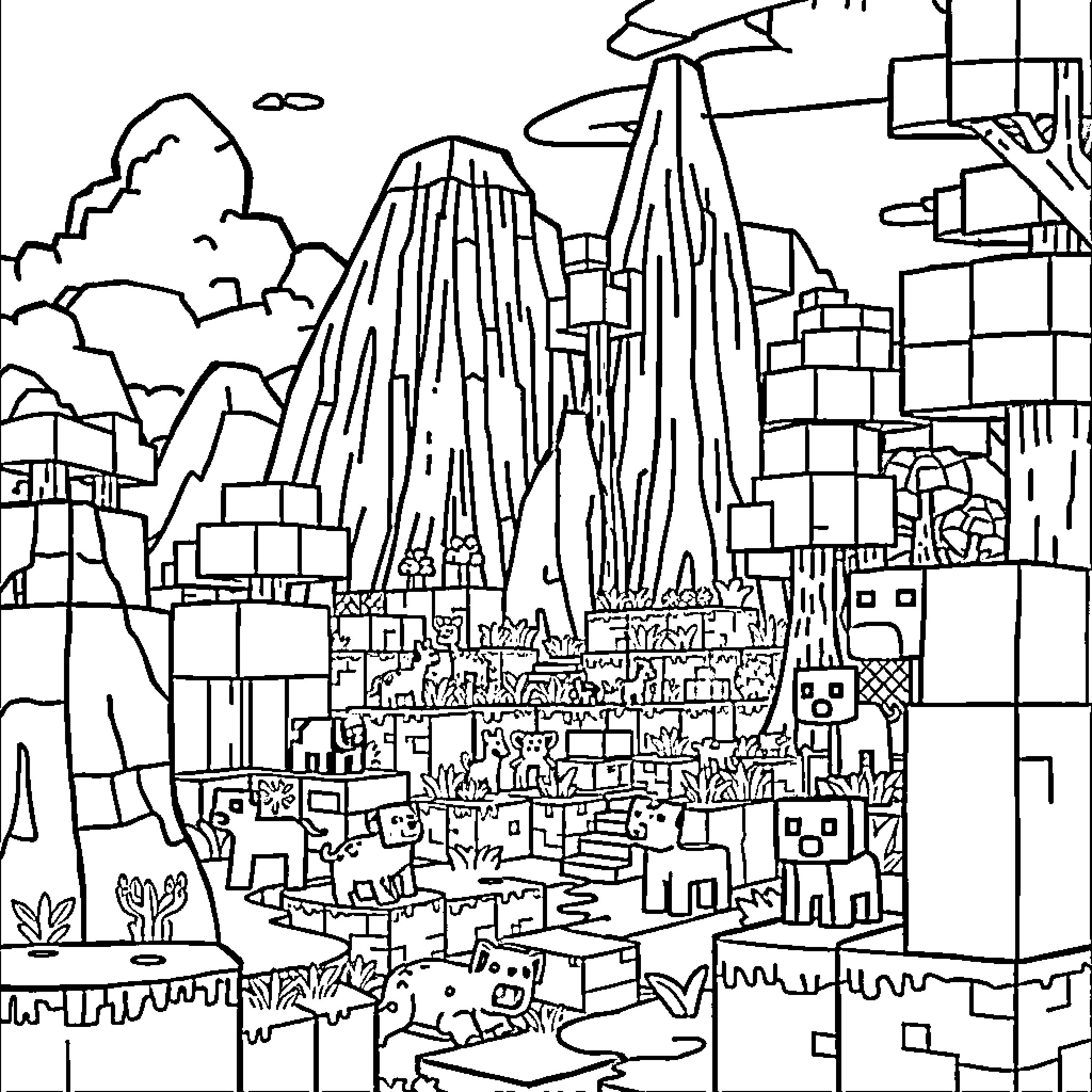 Minecraft scene with mountainous landscape and buildings Coloring Page (free black-and-white line drawing printable PDF for all, from beginners to advanced learners, including children, teens, adults, and seniors)