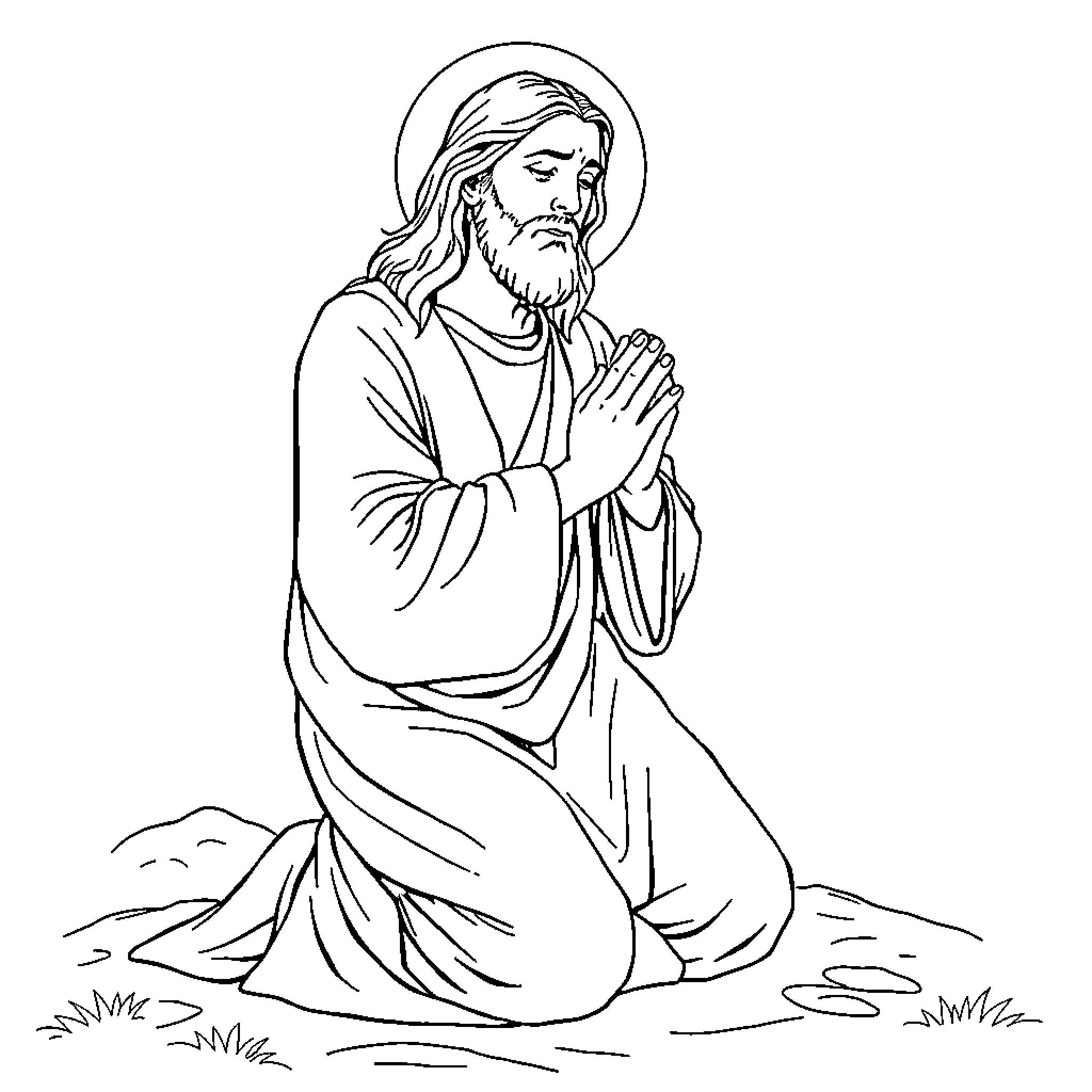 Jesus praying solemnly in the wilderness Coloring Page (free black-and-white line drawing printable PDF for all, from beginners to advanced learners, including children, teens, adults, and seniors)