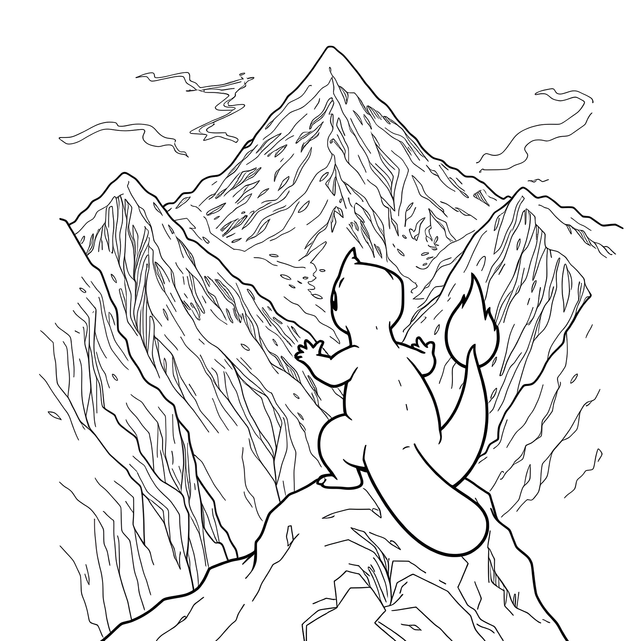 Charmander sitting on a mountain peak Coloring Page (free black-and-white line drawing printable PDF for all, from beginners to advanced learners, including children, teens, adults, and seniors)