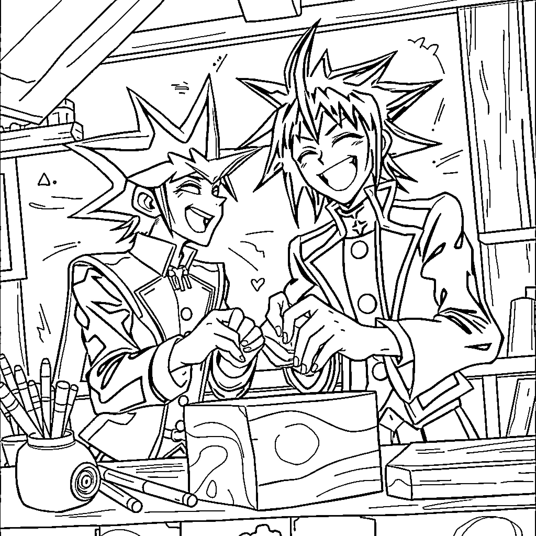 Yugioh characters in an animated art studio scene Coloring Page (free black-and-white line drawing printable PDF for all, from beginners to advanced learners, including children, teens, adults, and seniors)