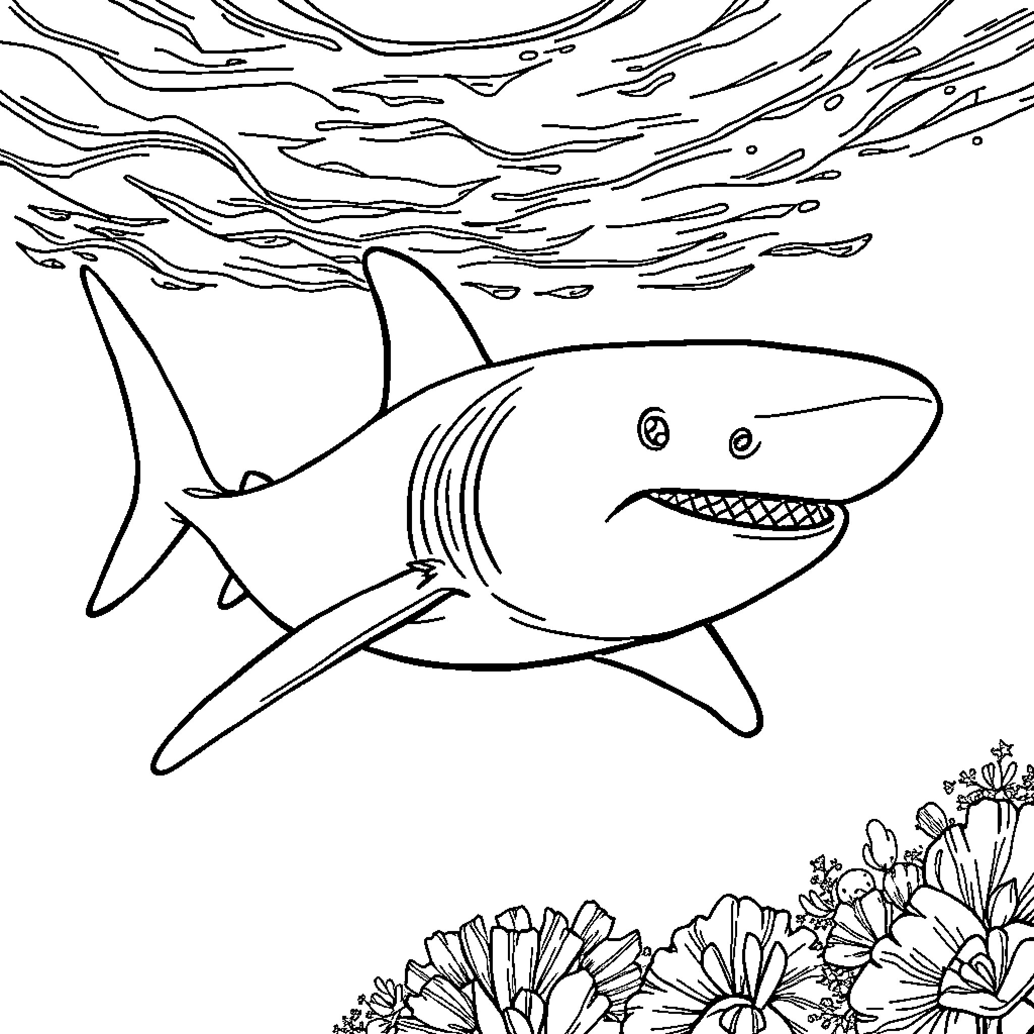 Shark swimming amidst marine life Coloring Page (free black-and-white line drawing printable PDF for all, from beginners to advanced learners, including children, teens, adults, and seniors)