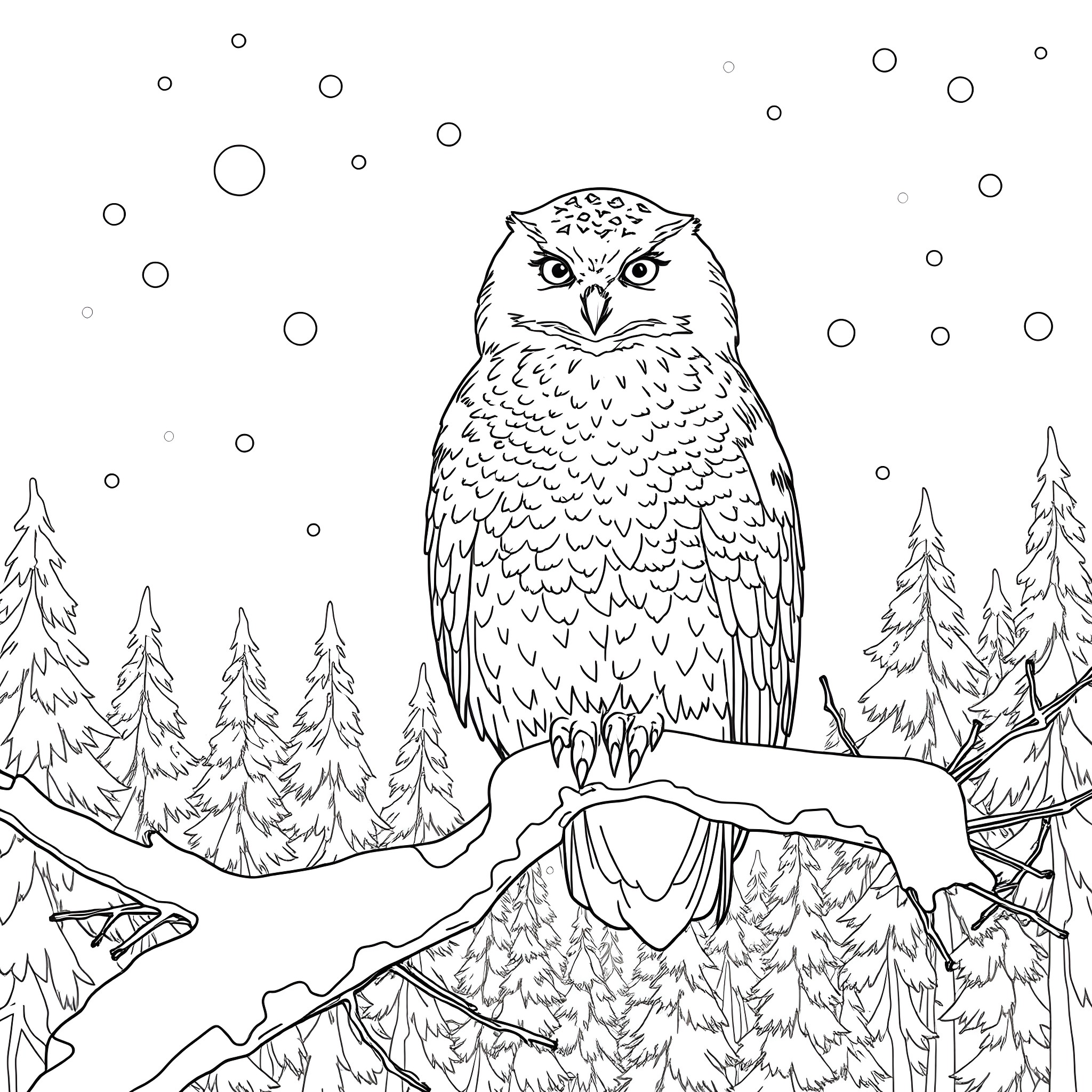 Owl perched in a winter forest scene Coloring Page (free black-and-white line drawing printable PDF for all, from beginners to advanced learners, including children, teens, adults, and seniors)