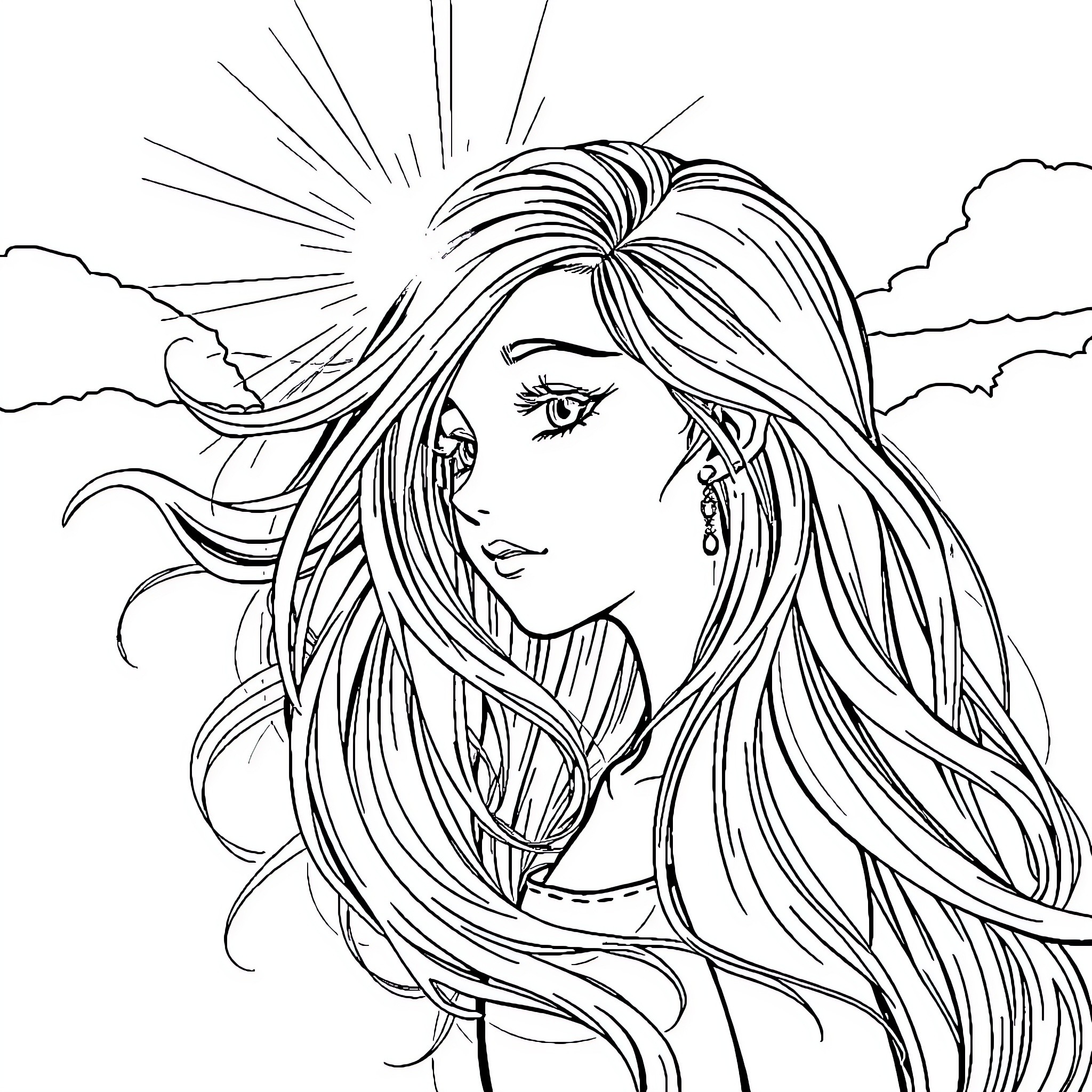 Girl with flowing hair and dramatic skies Coloring Page (free black-and-white line drawing printable PDF for all, from beginners to advanced learners, including children, teens, adults, and seniors)