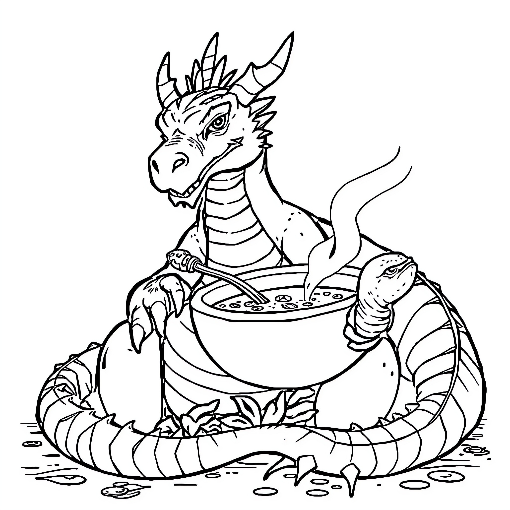 Dragon cooking a hot meal in the forest Coloring Page (free black-and-white line drawing printable PDF for all, from beginners to advanced learners, including children, teens, adults, and seniors)