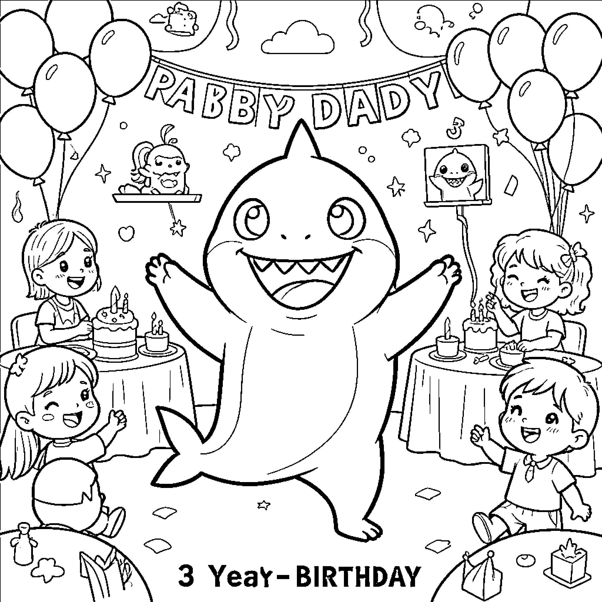 Shark celebrates 3-year birthday with friends and family Coloring Page (free black-and-white line drawing printable PDF for all, from beginners to advanced learners, including children, teens, adults, and seniors)