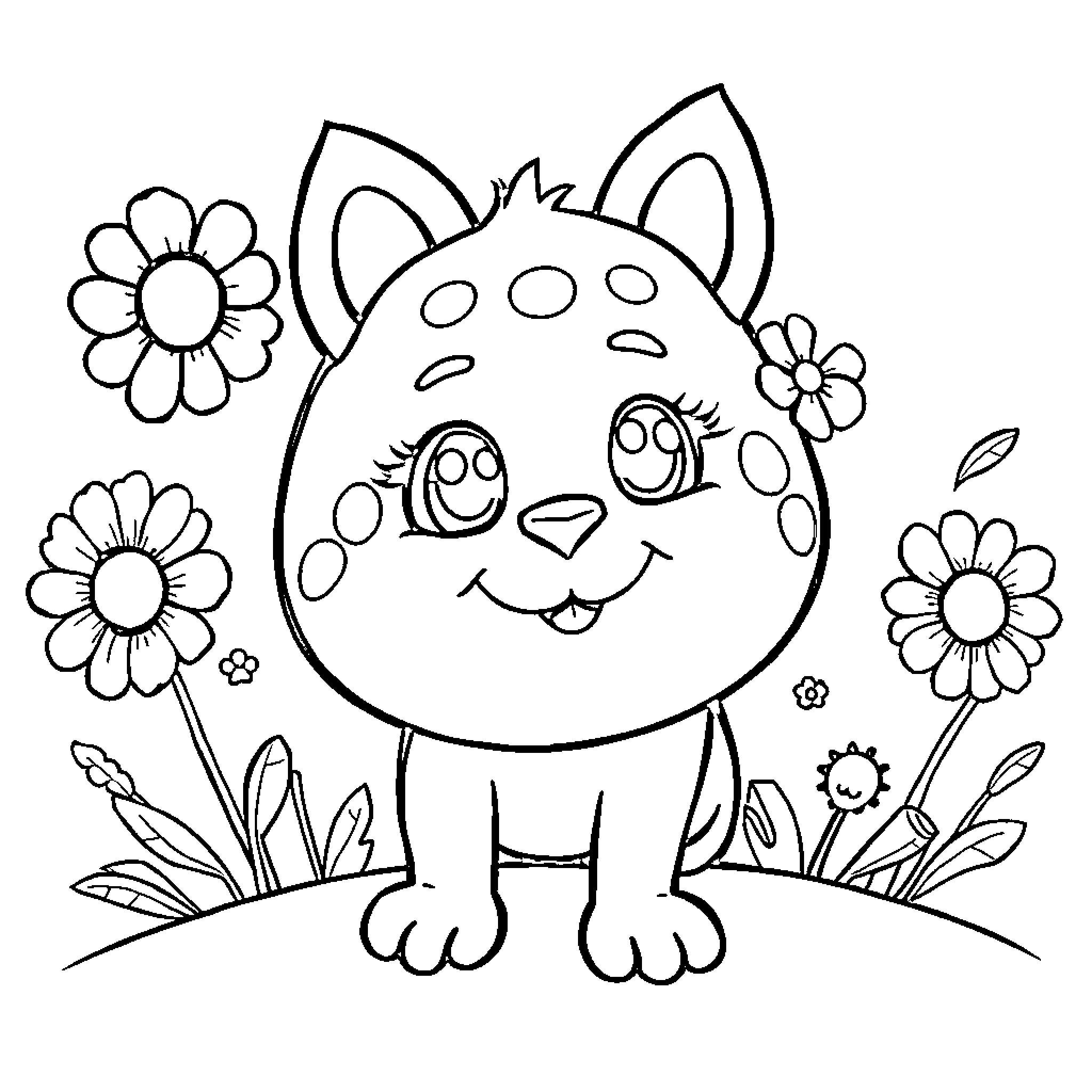 Smeshariki cat with flowers playing in nature Coloring Page (free black-and-white line drawing printable PDF for all, from beginners to advanced learners, including children, teens, adults, and seniors)