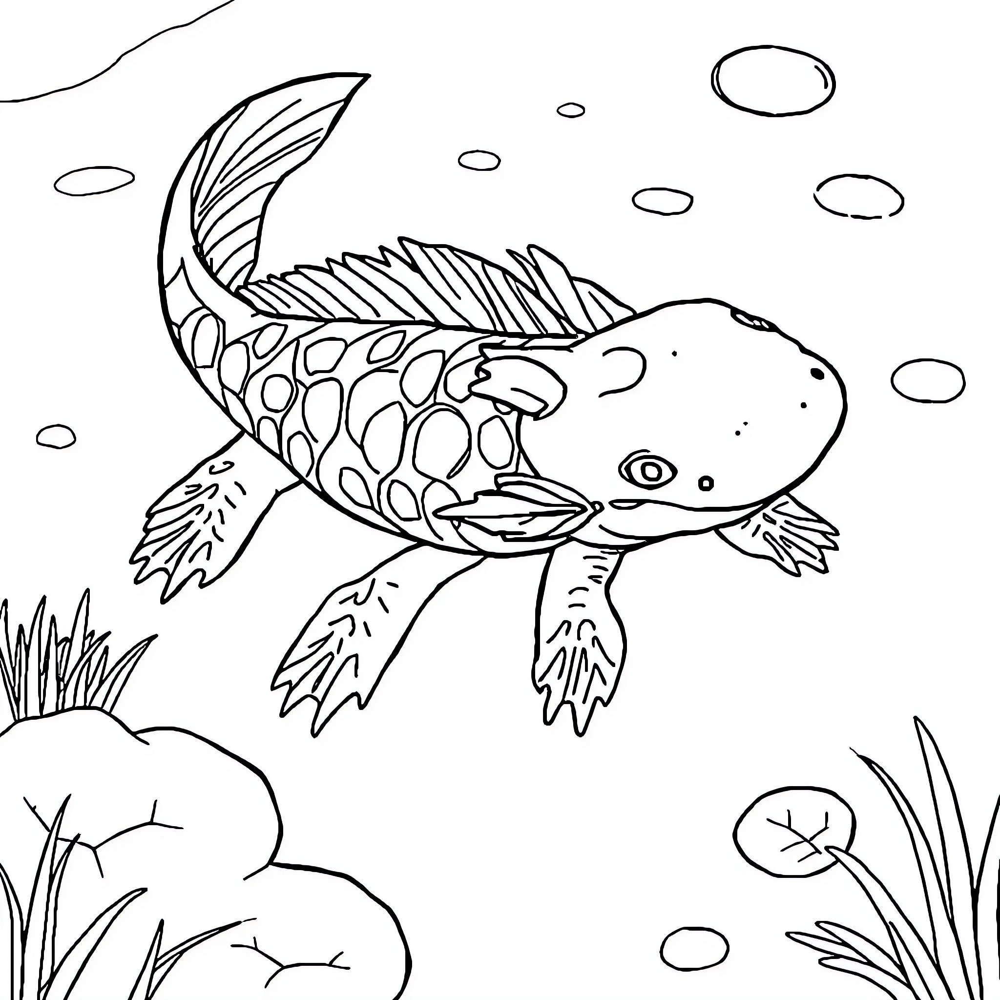 Axolotl swimming in an underwater scene Coloring Page (free black-and-white line drawing printable PDF for all, from beginners to advanced learners, including children, teens, adults, and seniors)