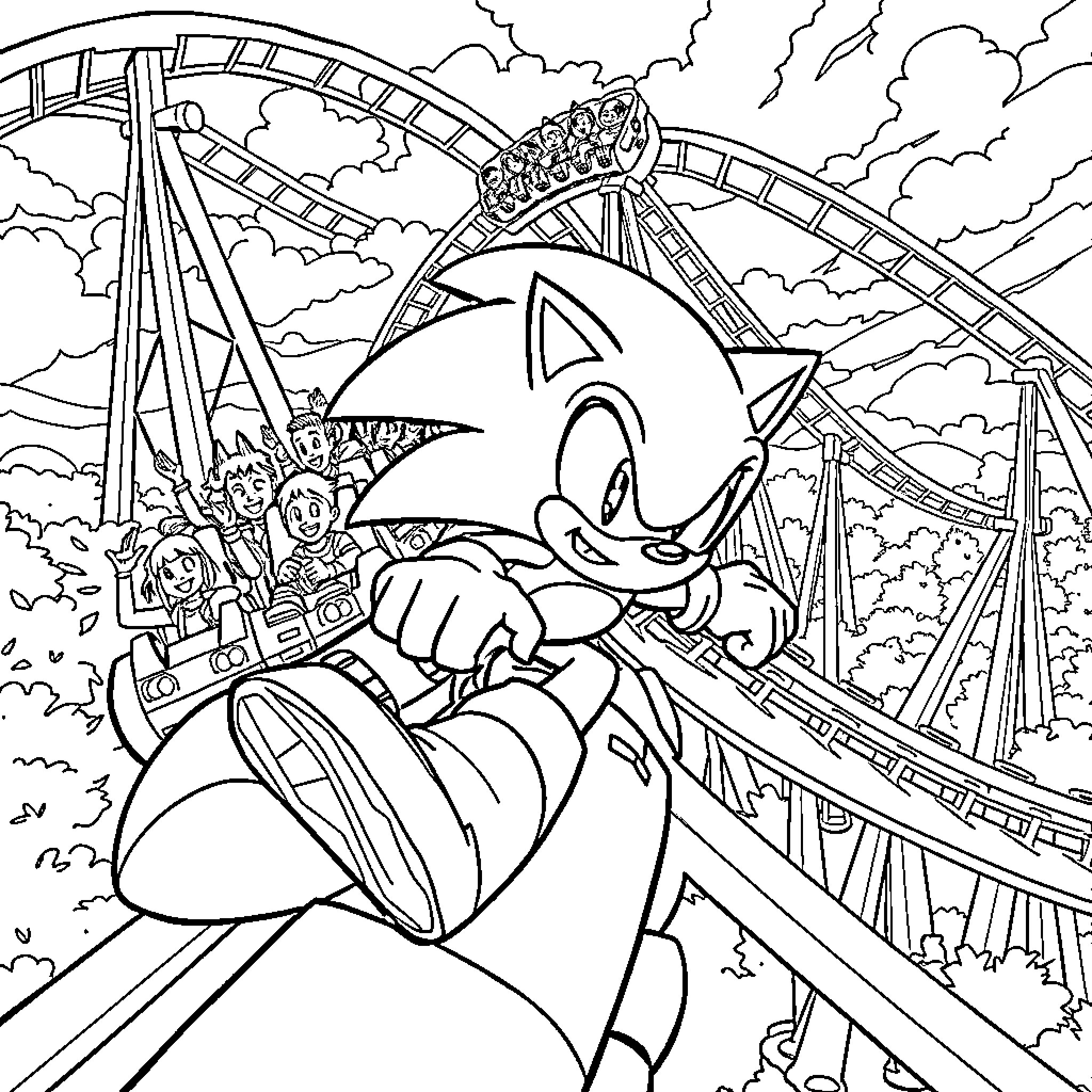 Sonic enjoying a thrilling roller coaster ride Coloring Page (free black-and-white line drawing printable PDF for all, from beginners to advanced learners, including children, teens, adults, and seniors)