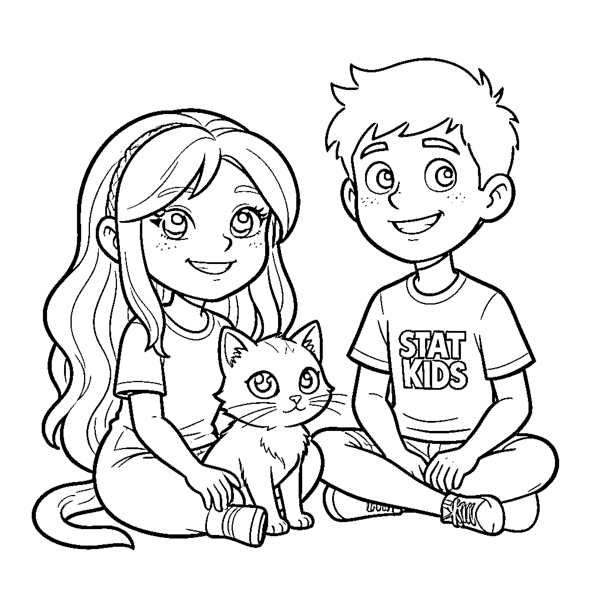 Sofia and a boy sitting with a cute kitten Coloring Page (free black-and-white line drawing printable PDF for all, from beginners to advanced learners, including children, teens, adults, and seniors)