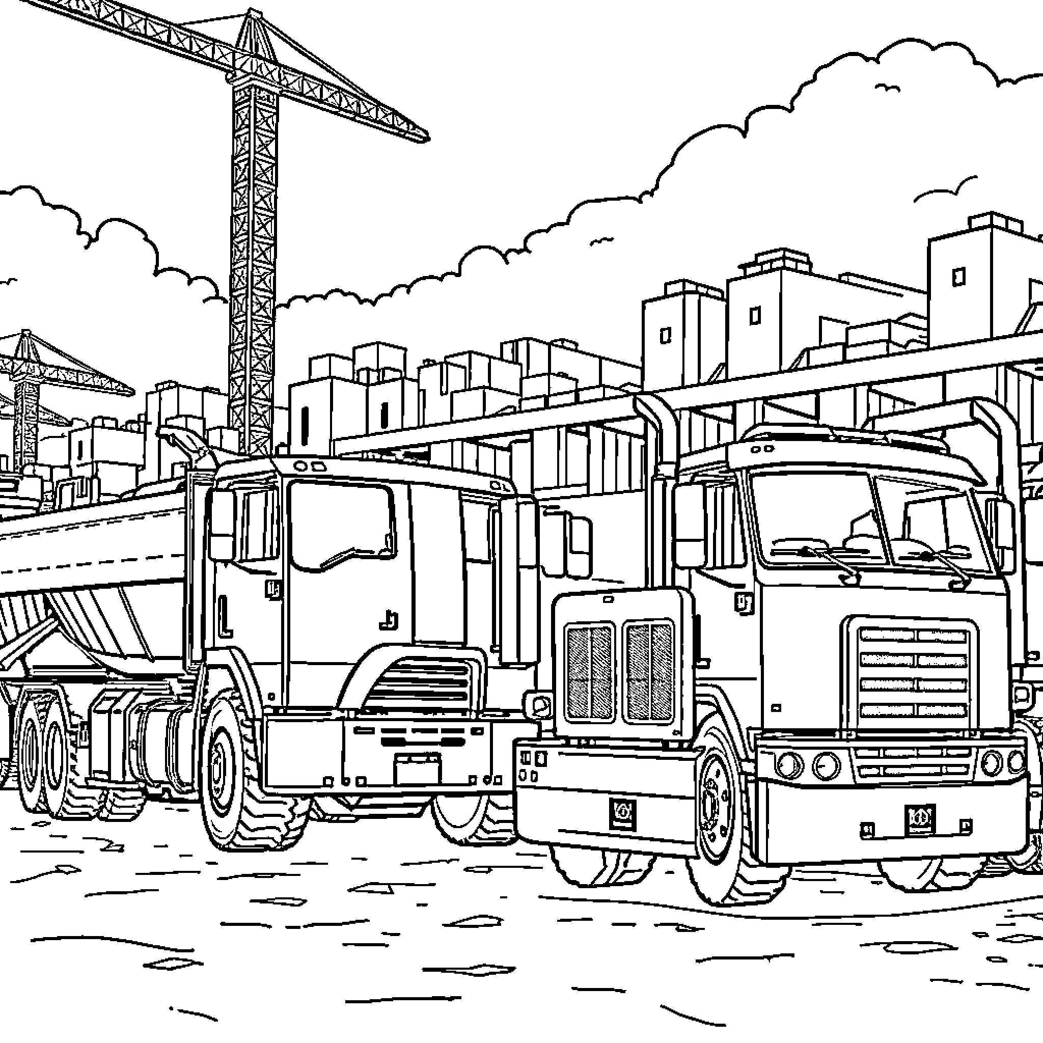 Truck construction site with crane and cityscape Coloring Page (free black-and-white line drawing printable PDF for all, from beginners to advanced learners, including children, teens, adults, and seniors)