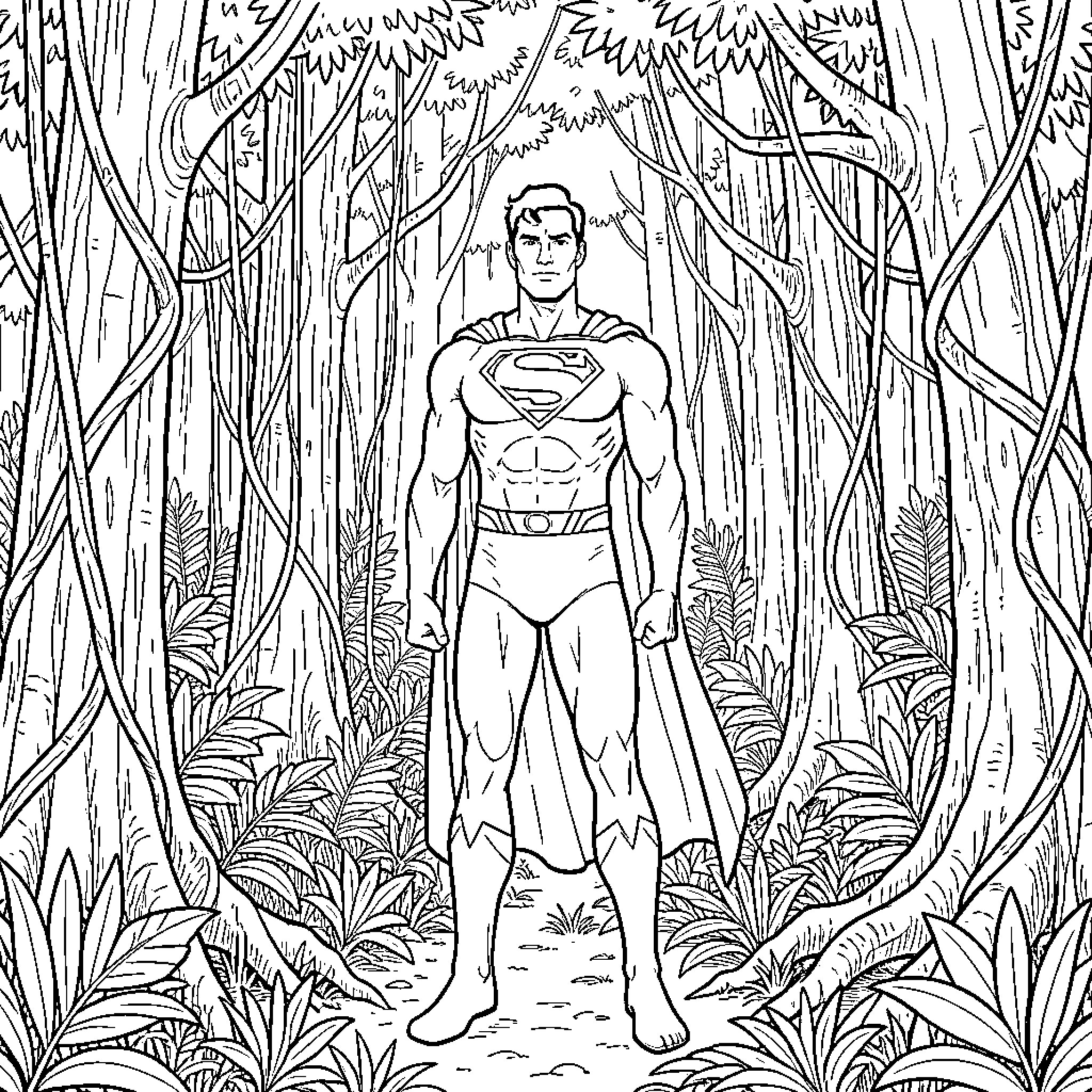 Superman standing heroically in a dense jungle Coloring Page (free black-and-white line drawing printable PDF for all, from beginners to advanced learners, including children, teens, adults, and seniors)
