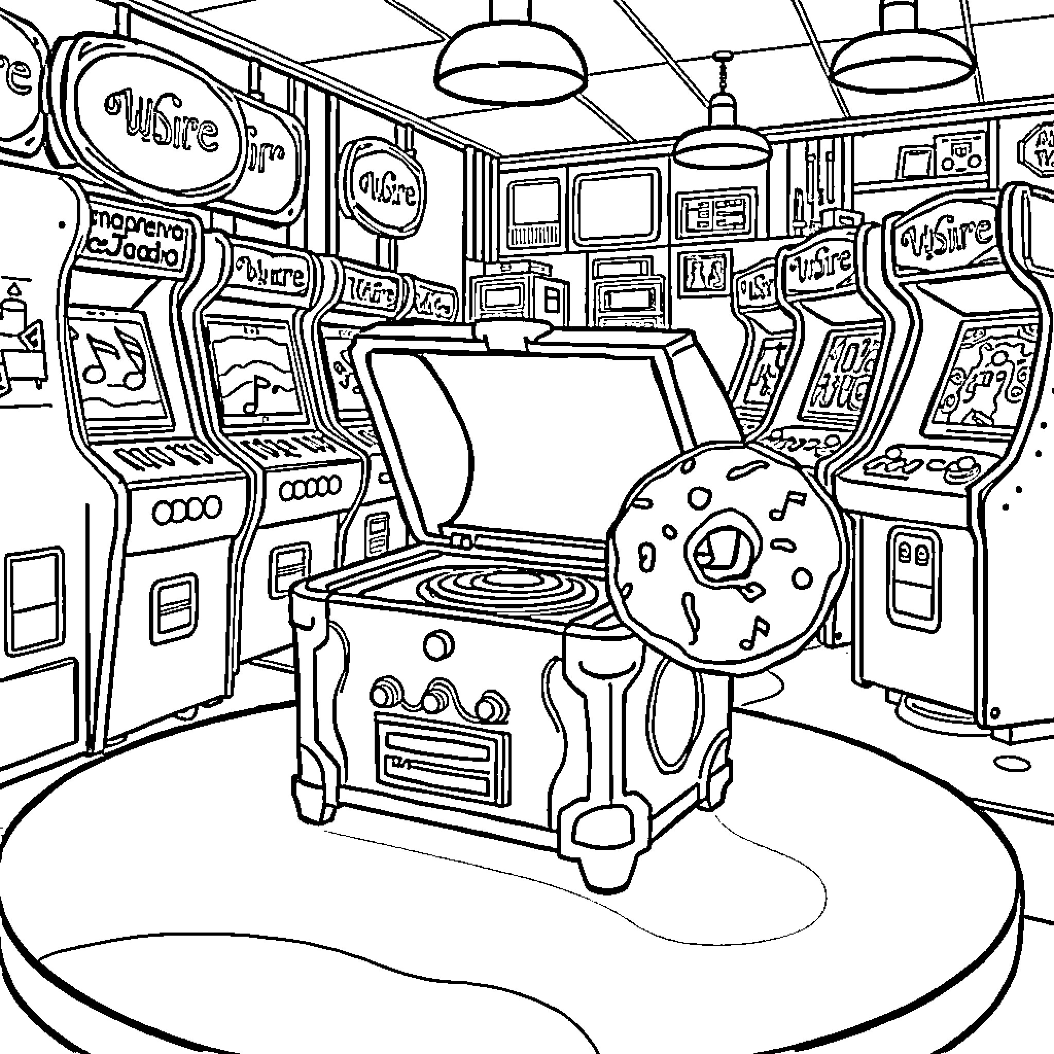 Music Box in Retro Arcade Game Room Coloring Page (free black-and-white line drawing printable PDF for all, from beginners to advanced learners, including children, teens, adults, and seniors)