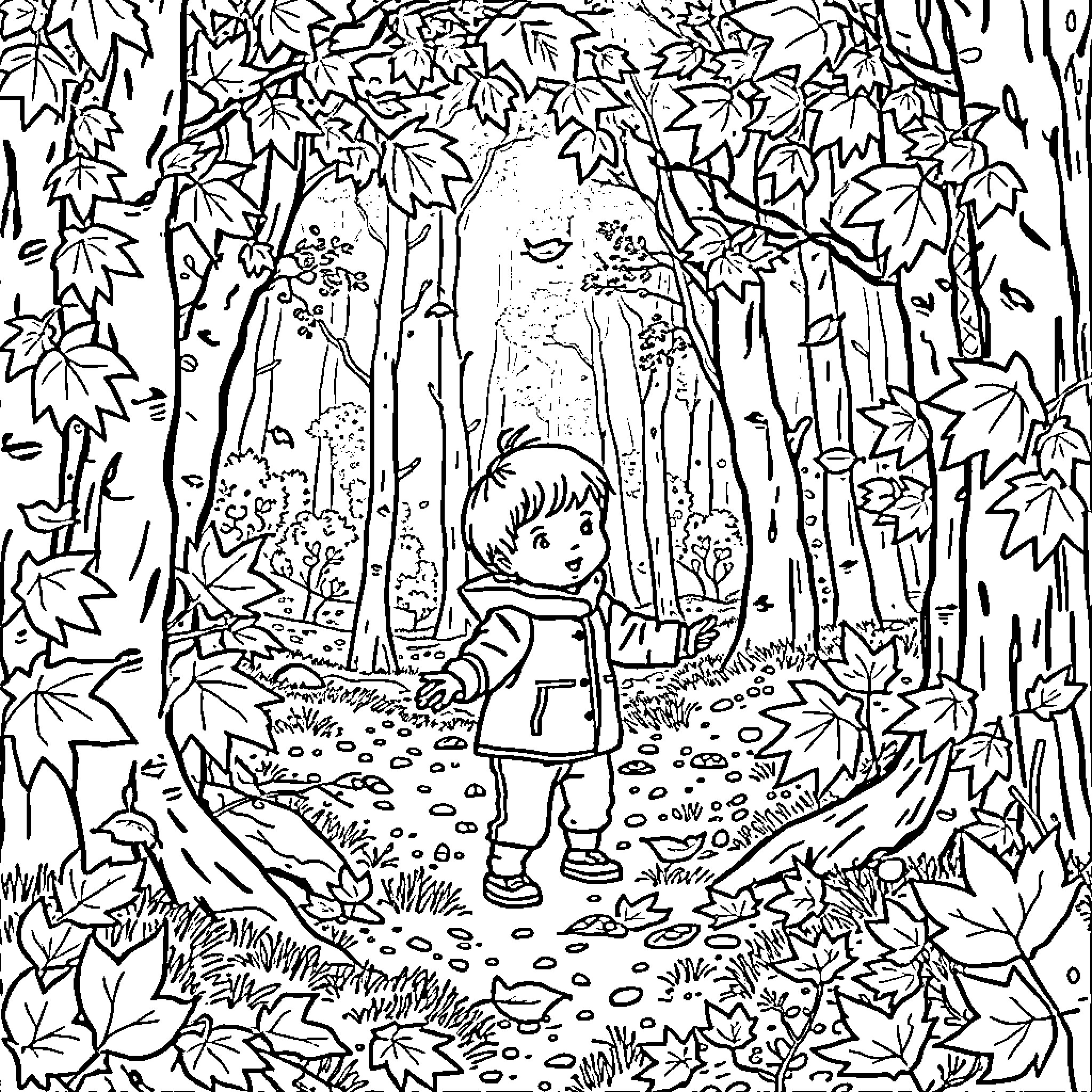 Child exploring the enchanting forest Coloring Page (free black-and-white line drawing printable PDF for all, from beginners to advanced learners, including children, teens, adults, and seniors)