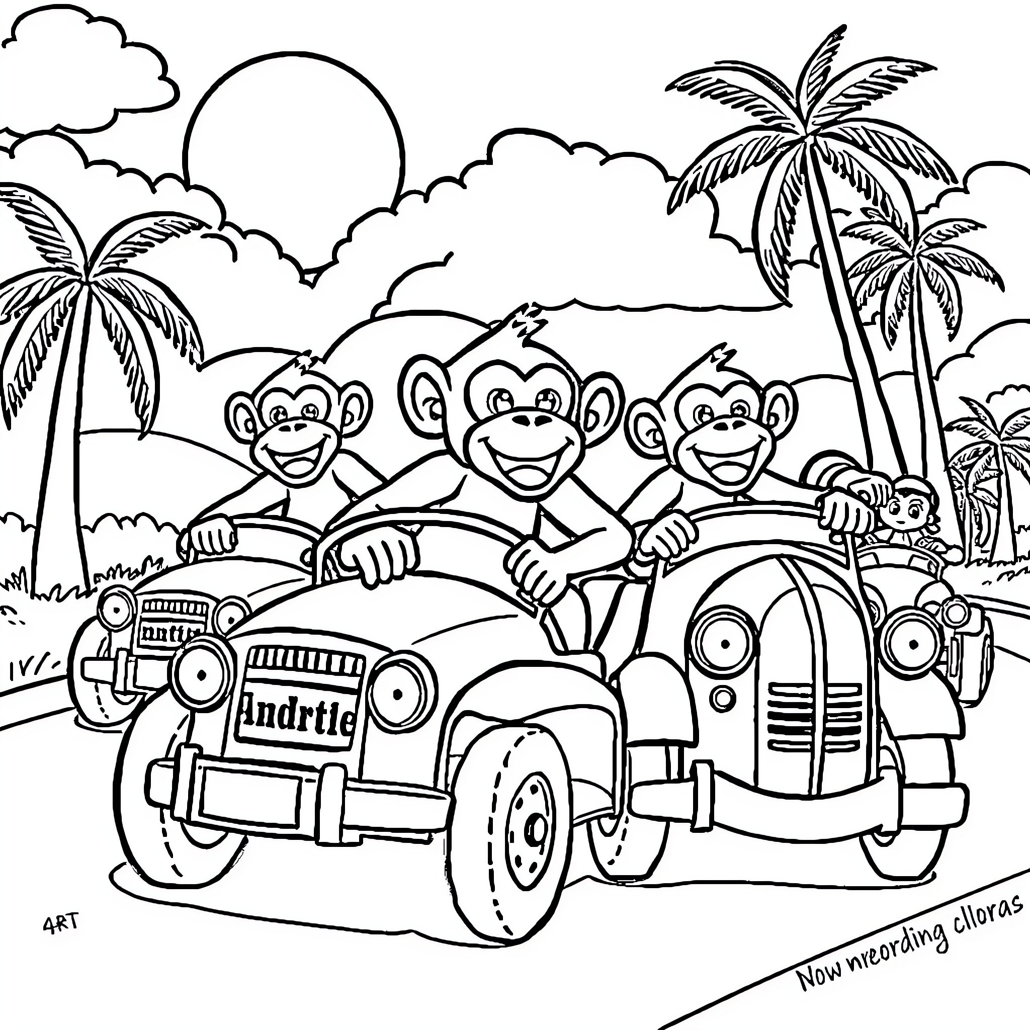 Monkeys enjoying a joyride in a tropical setting Coloring Page (free black-and-white line drawing printable PDF for all, from beginners to advanced learners, including children, teens, adults, and seniors)