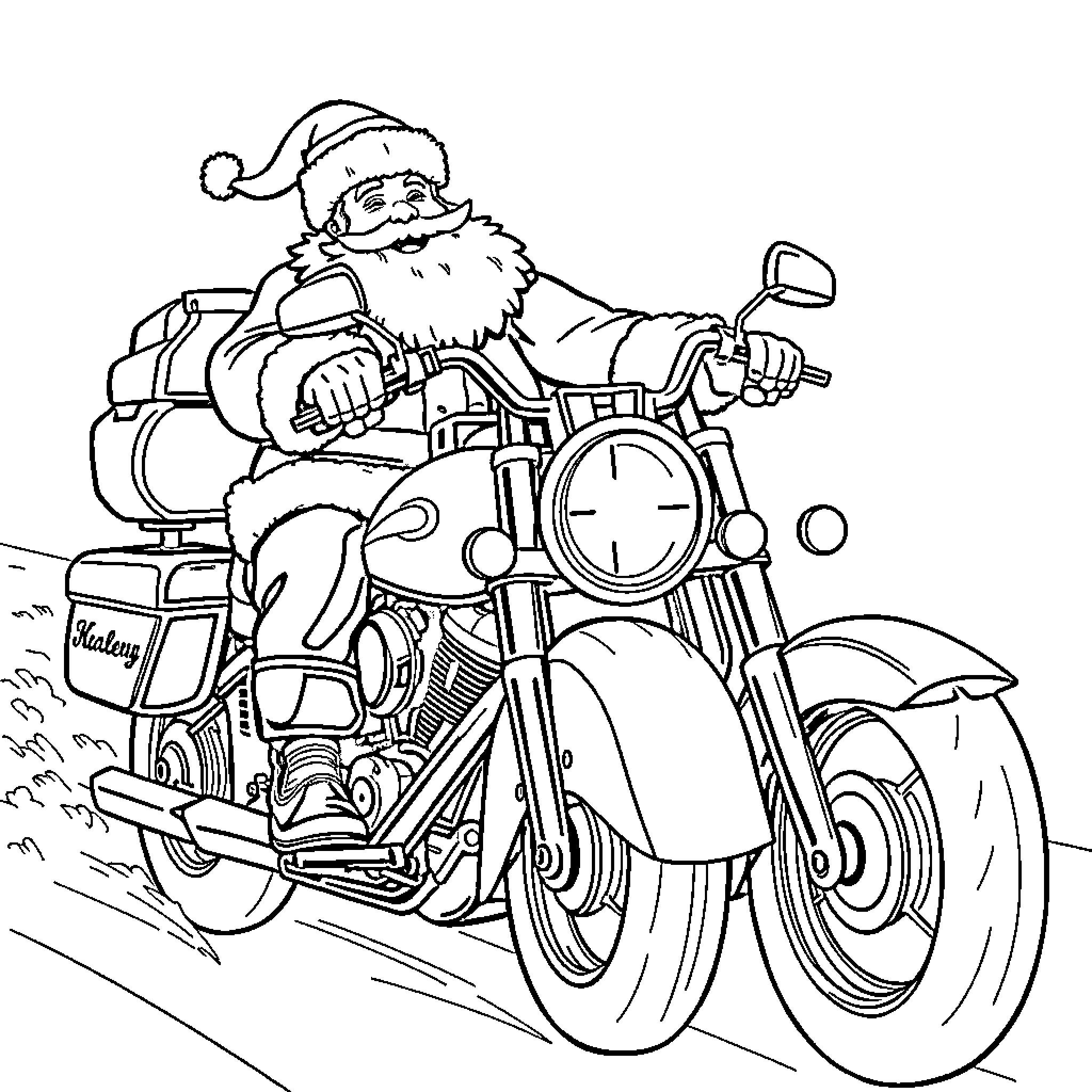 Santa riding a motorcycle on the road Coloring Page (free black-and-white line drawing printable PDF for all, from beginners to advanced learners, including children, teens, adults, and seniors)