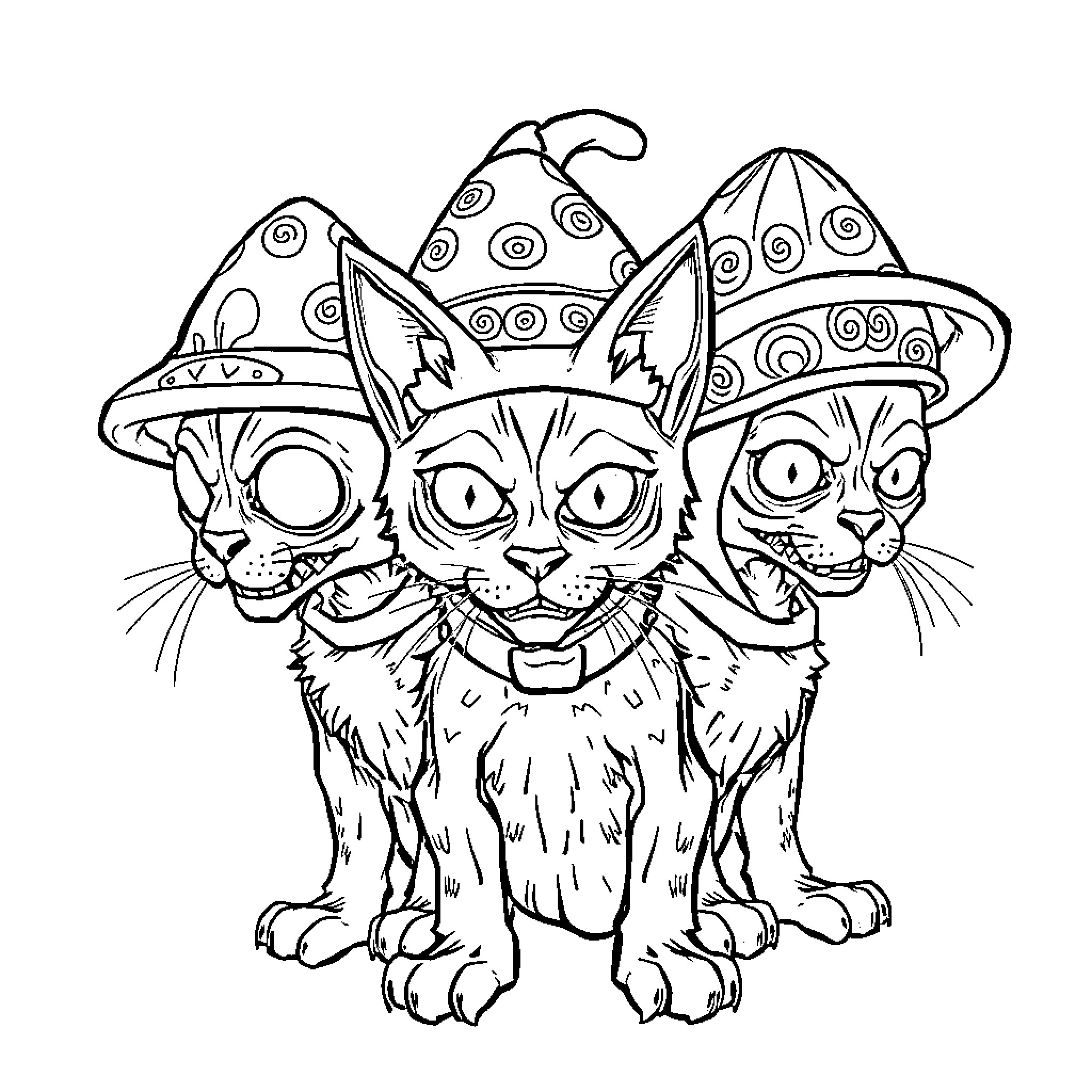 Zombie Cats in Festive Hats Coloring Page (free black-and-white line drawing printable PDF for all, from beginners to advanced learners, including children, teens, adults, and seniors)