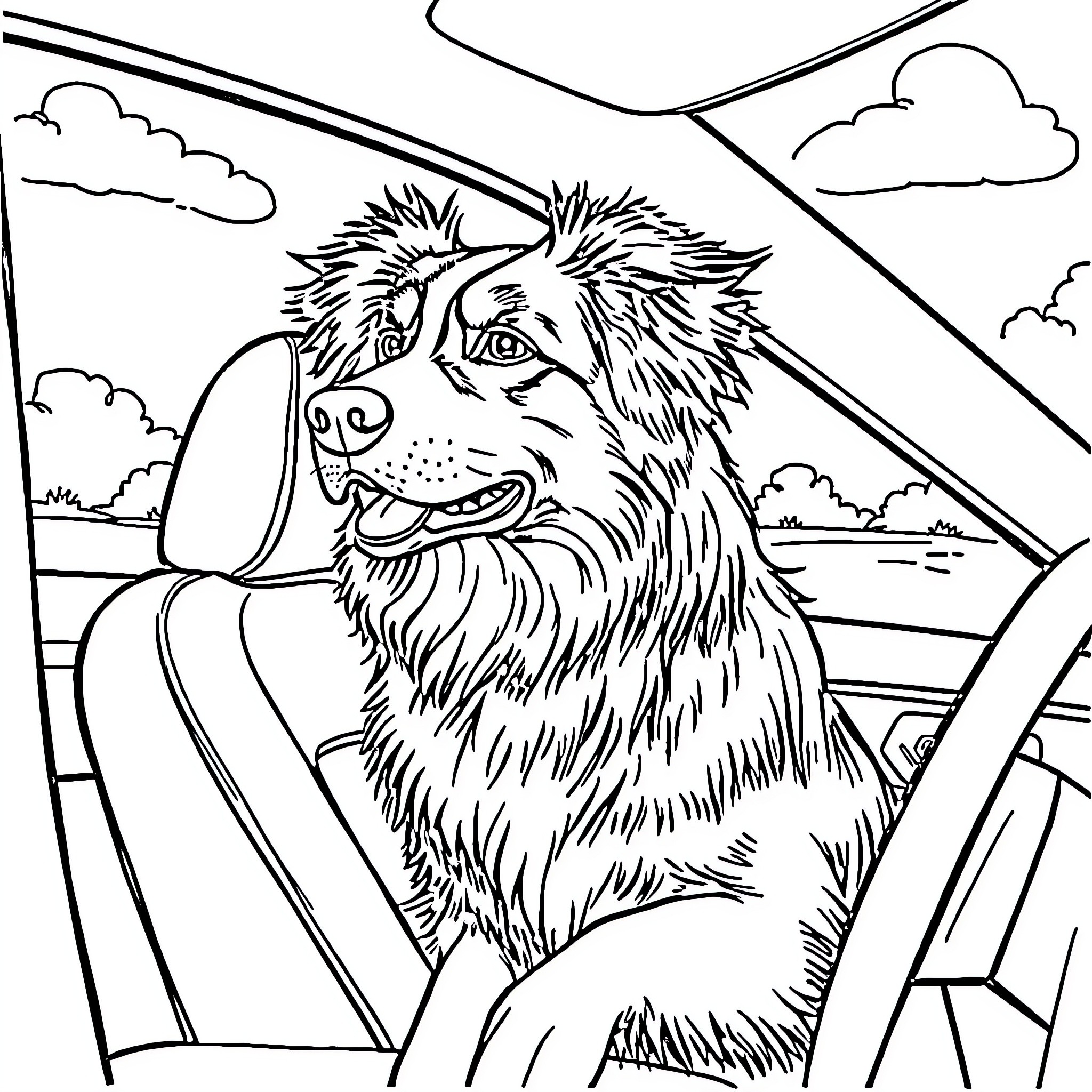 Australian Shepherd enjoying a road trip adventure Coloring Page (free black-and-white line drawing printable PDF for all, from beginners to advanced learners, including children, teens, adults, and seniors)