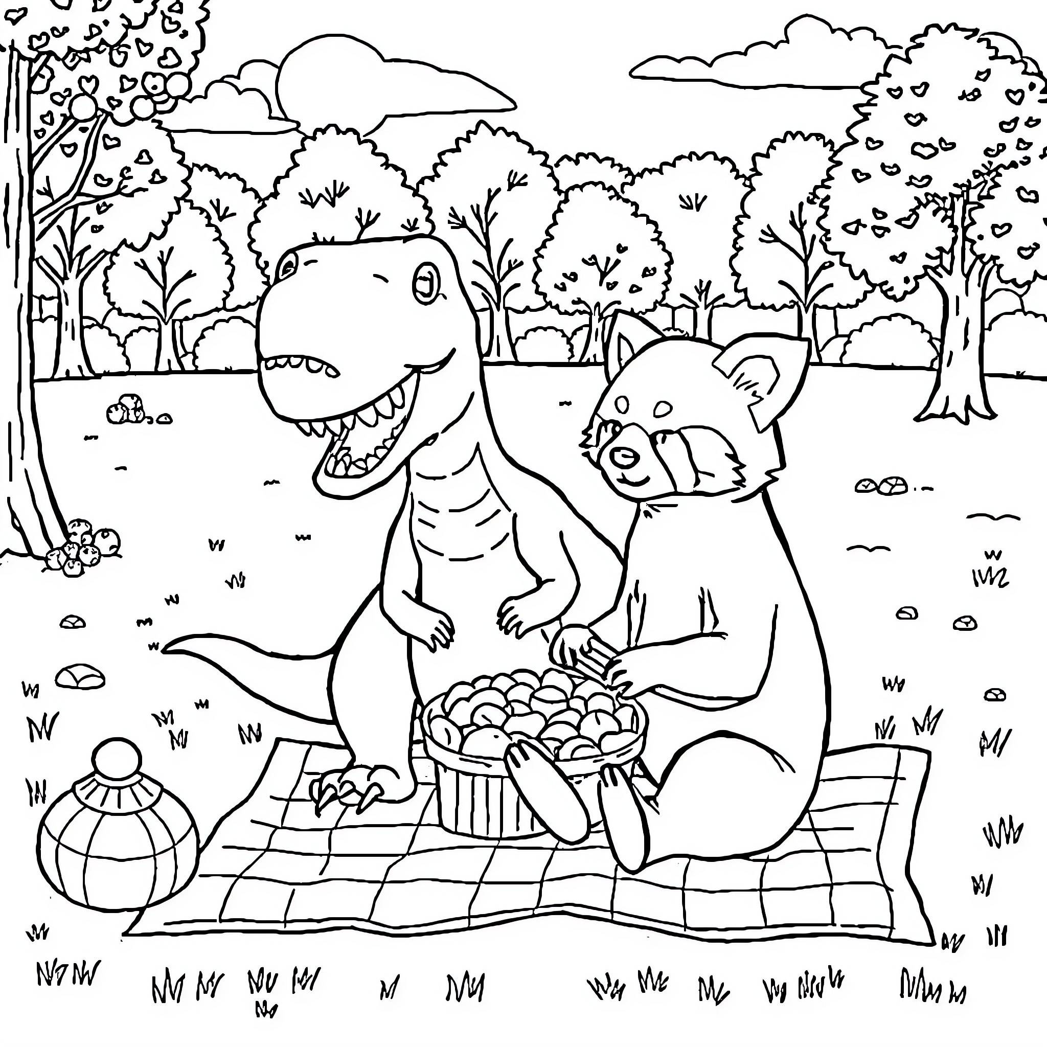 Panda picnic with dinosaur friends in the forest Coloring Page (free black-and-white line drawing printable PDF for all, from beginners to advanced learners, including children, teens, adults, and seniors)