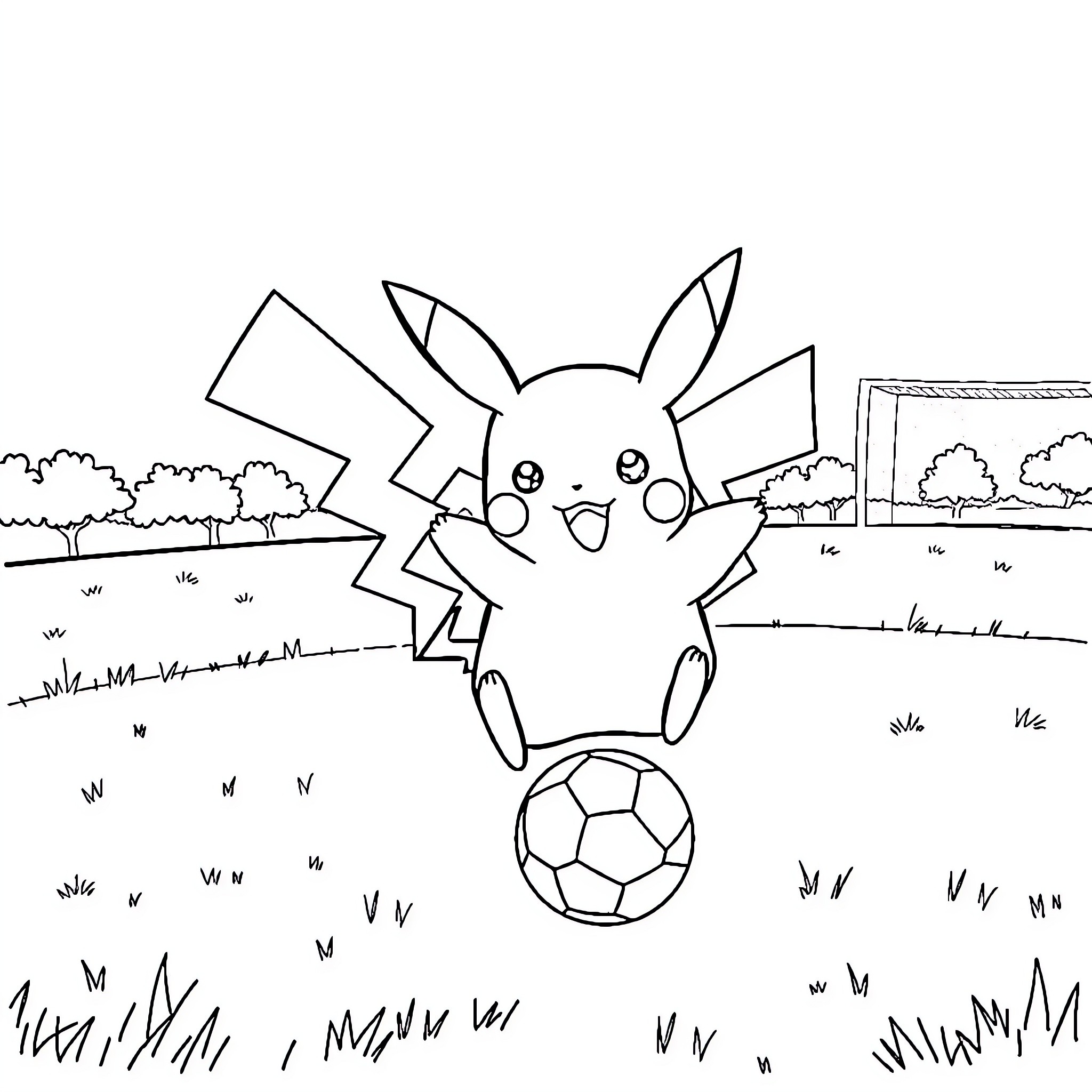Pikachu playing with a soccer ball in a field Coloring Page (free black-and-white line drawing printable PDF for all, from beginners to advanced learners, including children, teens, adults, and seniors)