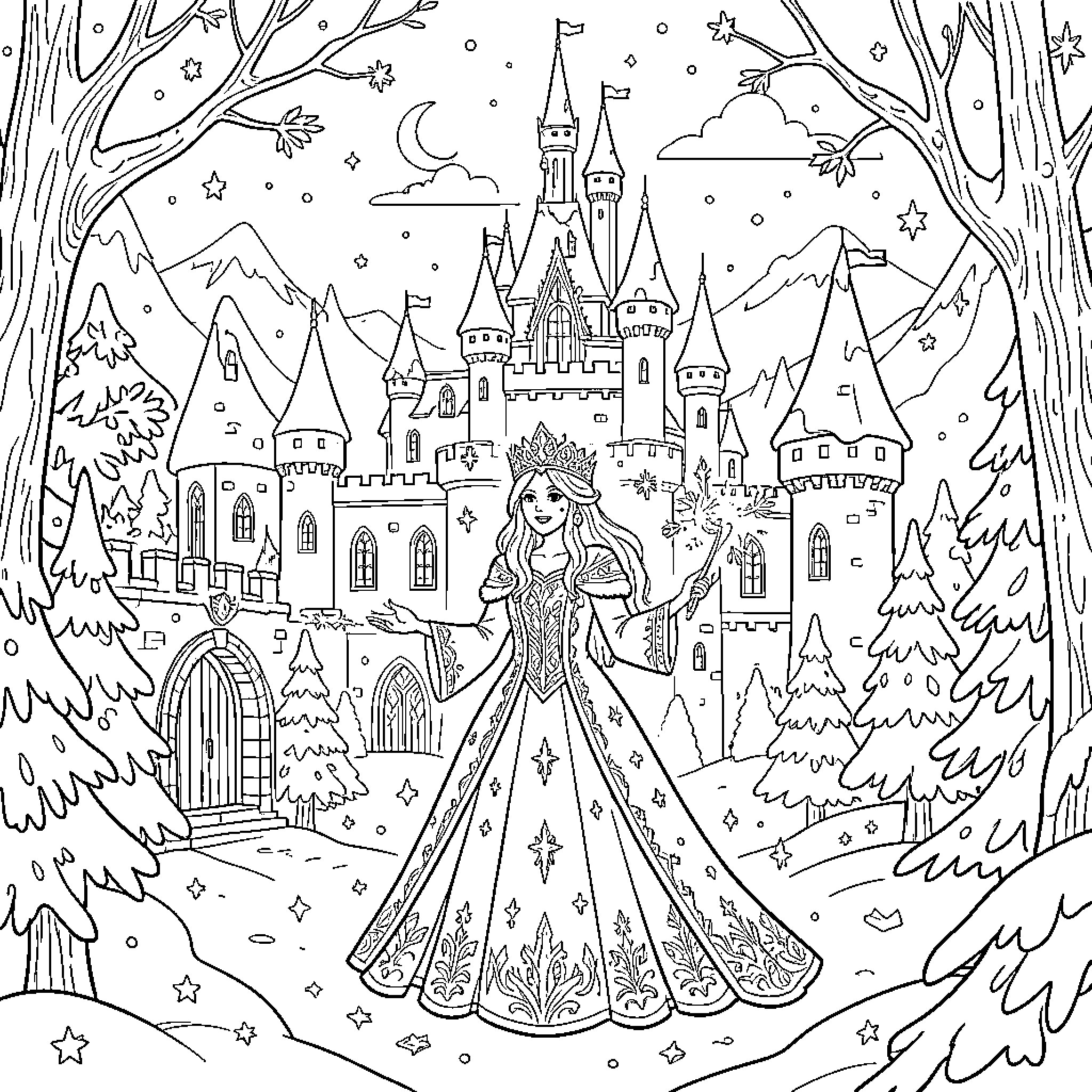 Snow Queen standing before a majestic fantasy castle Coloring Page (free black-and-white line drawing printable PDF for all, from beginners to advanced learners, including children, teens, adults, and seniors)