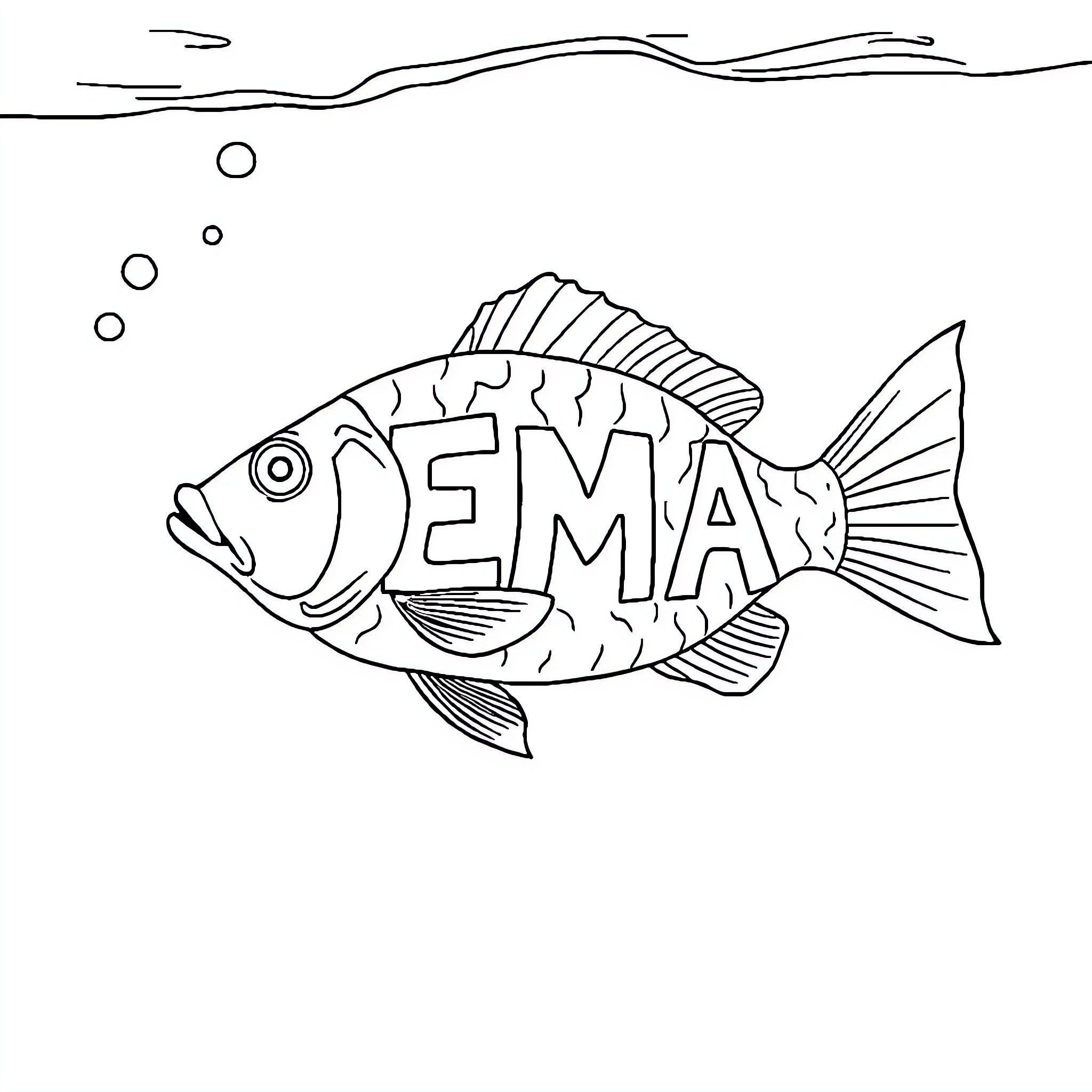 Fish with lettering swimming underwater Coloring Page (free black-and-white line drawing printable PDF for all, from beginners to advanced learners, including children, teens, adults, and seniors)
