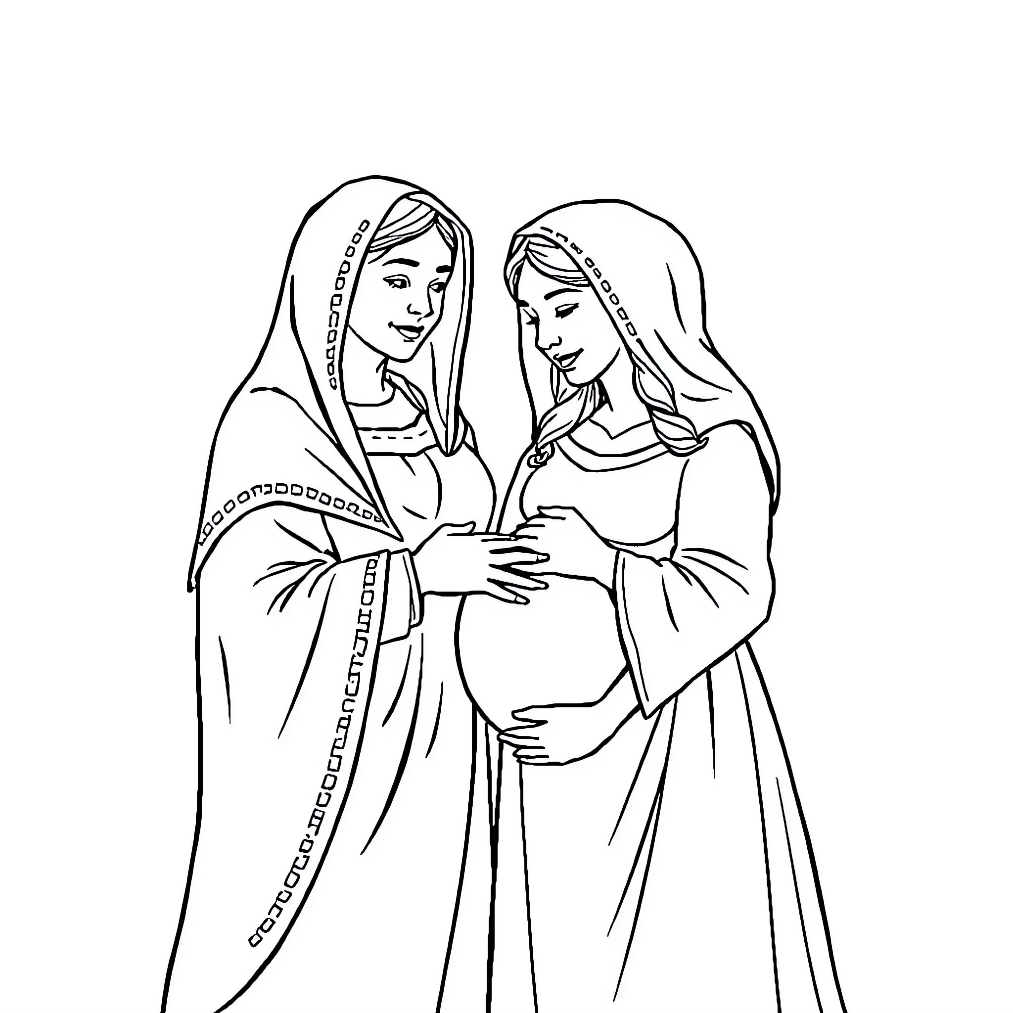 Maria and Elizabeth comforting each other Coloring Page (free black-and-white line drawing printable PDF for all, from beginners to advanced learners, including children, teens, adults, and seniors)