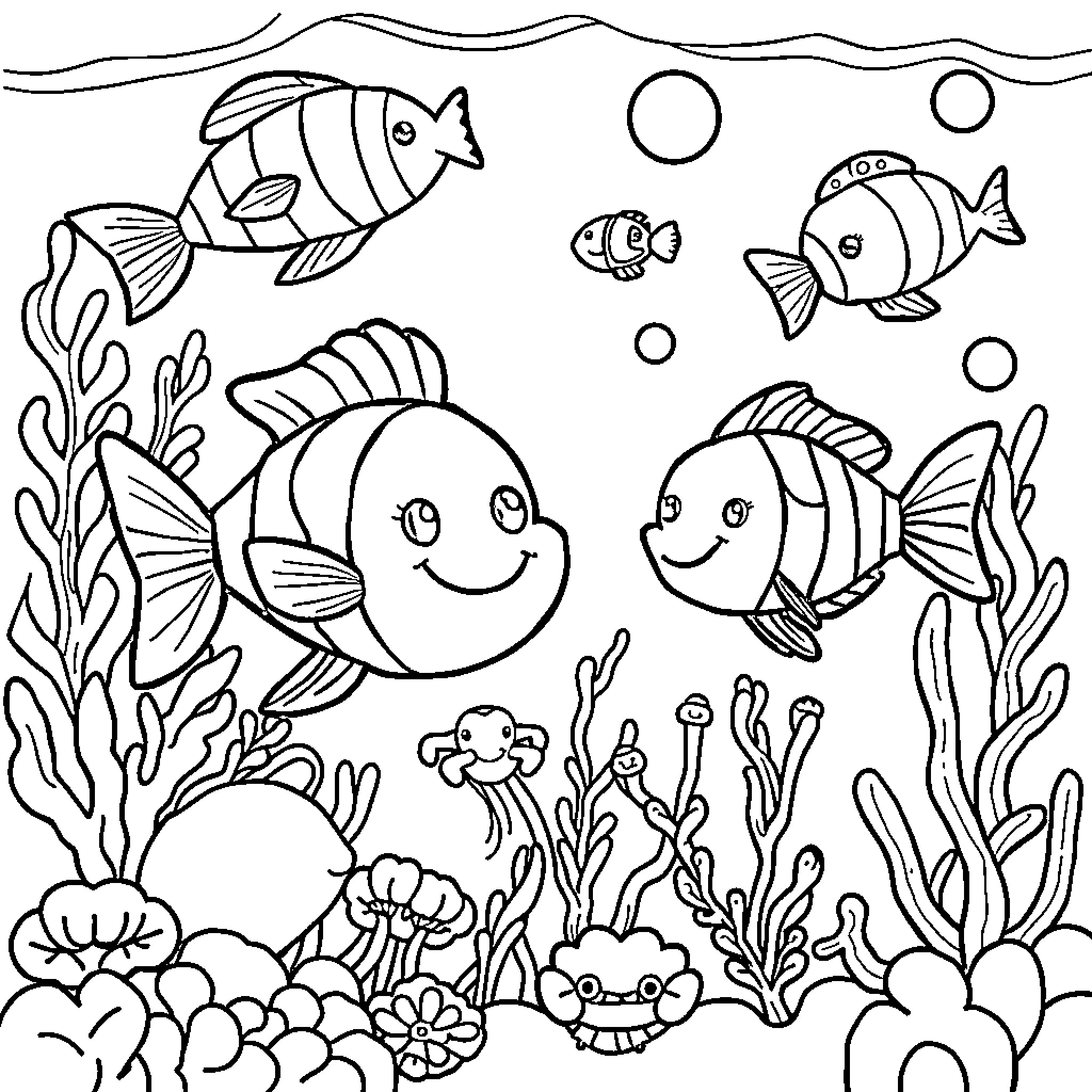 Ocean Life Filled with Playful Underwater Creatures Coloring Page (free black-and-white line drawing printable PDF for all, from beginners to advanced learners, including children, teens, adults, and seniors)