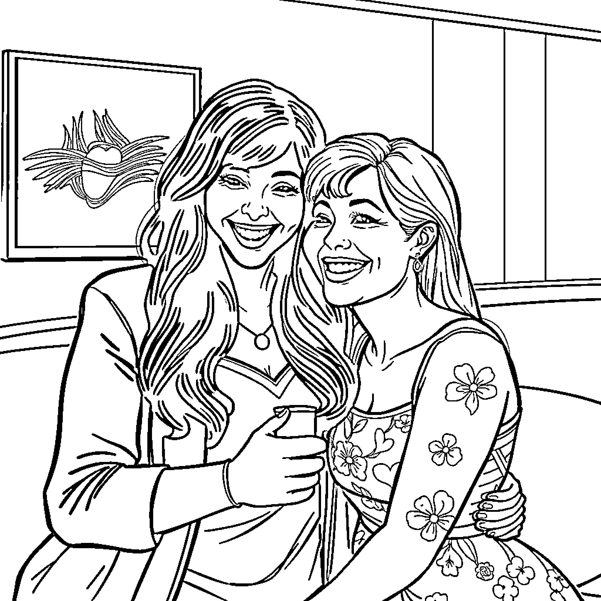 Lisa Ann and Friend Cheerfully Pose Together Coloring Page (free black-and-white line drawing printable PDF for all, from beginners to advanced learners, including children, teens, adults, and seniors)