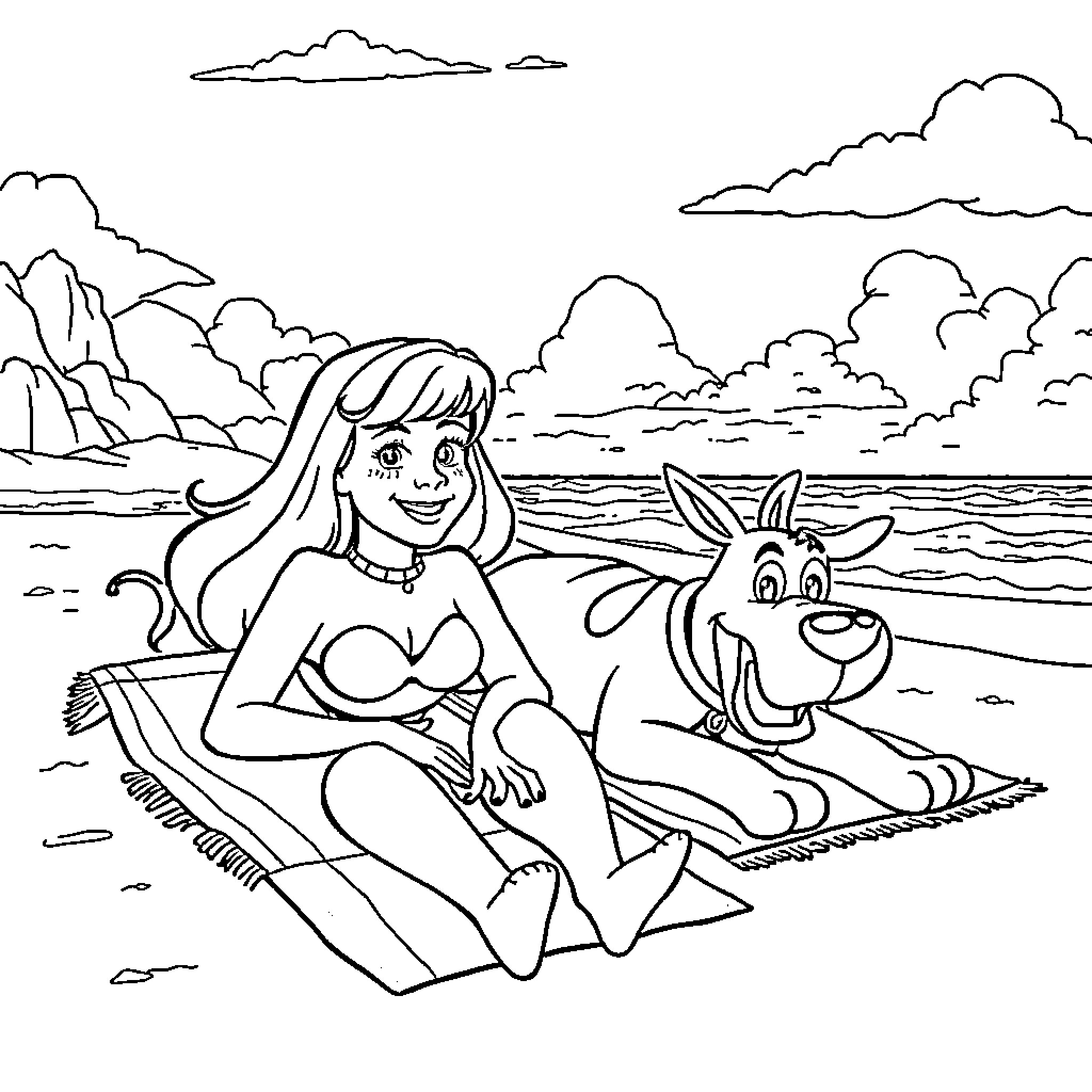 Daphne relaxing on the beach with her dog Coloring Page (free black-and-white line drawing printable PDF for all, from beginners to advanced learners, including children, teens, adults, and seniors)