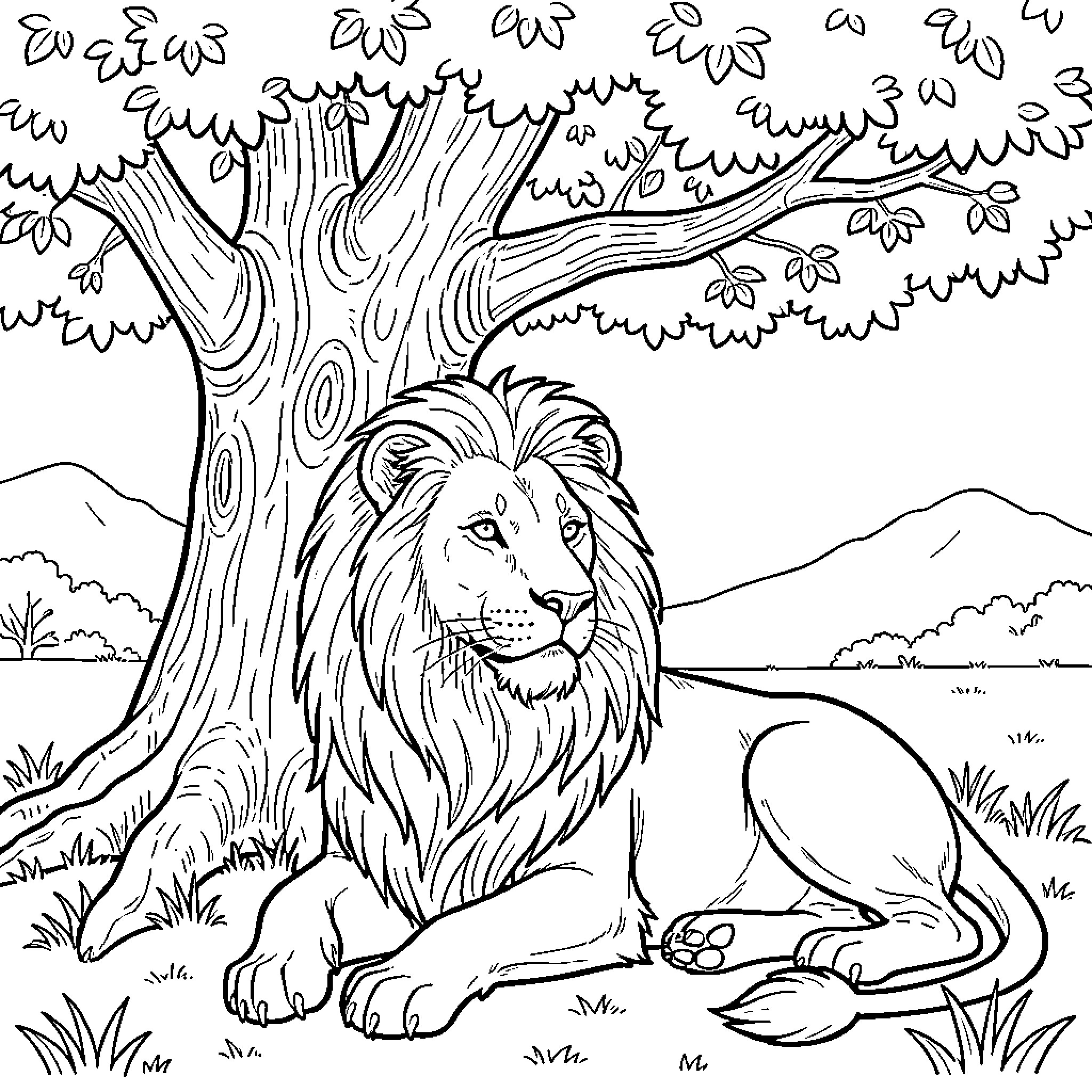 Lion resting under the shady tree Coloring Page (free black-and-white line drawing printable PDF for all, from beginners to advanced learners, including children, teens, adults, and seniors)