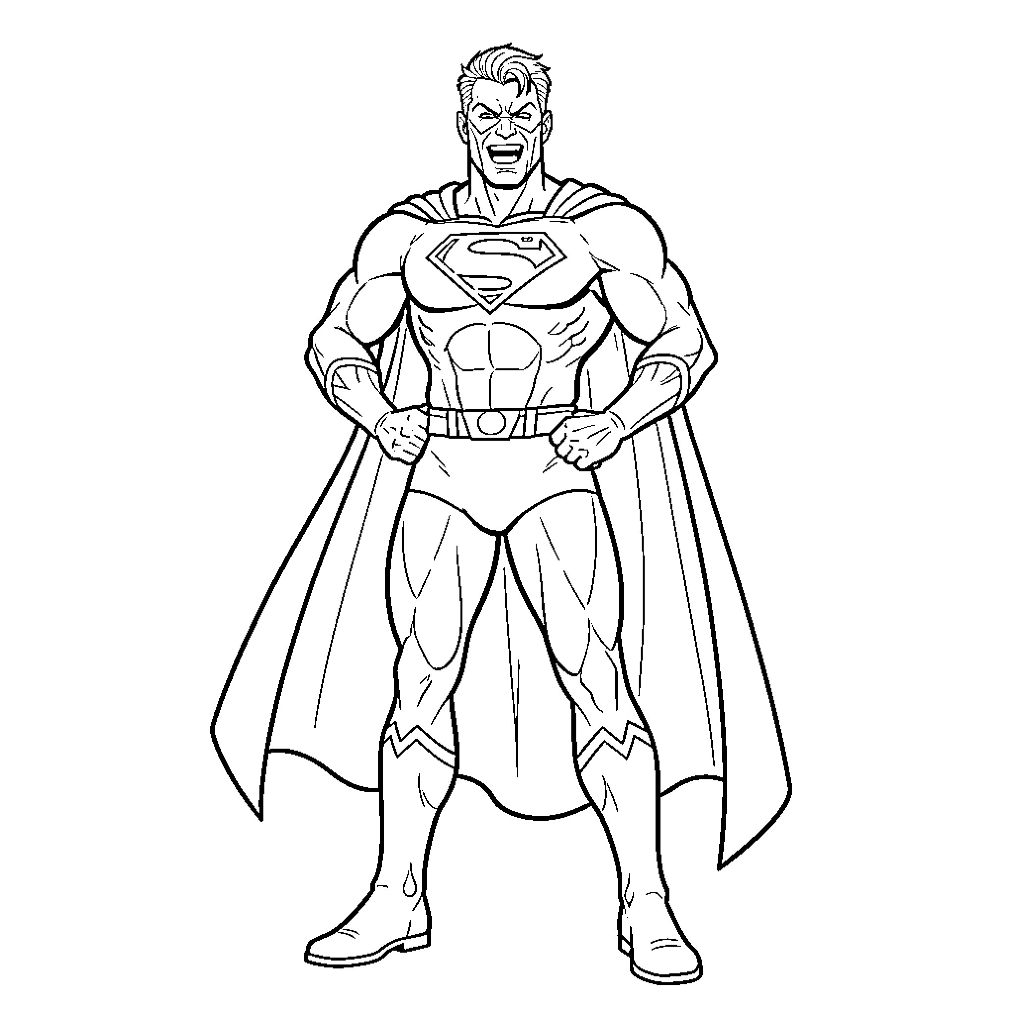 Lout superhero standing heroically in a powerful pose Coloring Page (free black-and-white line drawing printable PDF for all, from beginners to advanced learners, including children, teens, adults, and seniors)