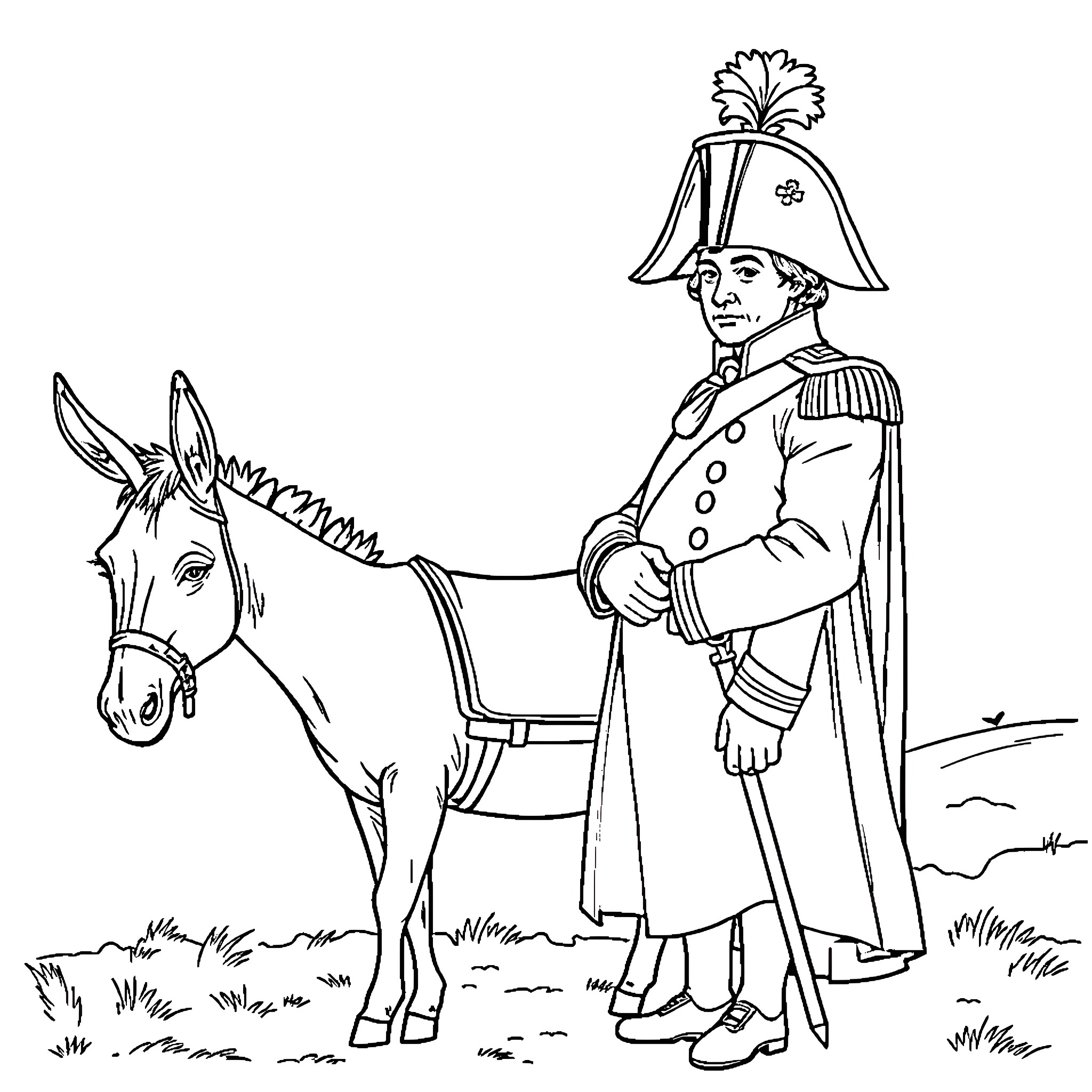 Napoleon commanding a donkey in military attire Coloring Page (free black-and-white line drawing printable PDF for all, from beginners to advanced learners, including children, teens, adults, and seniors)