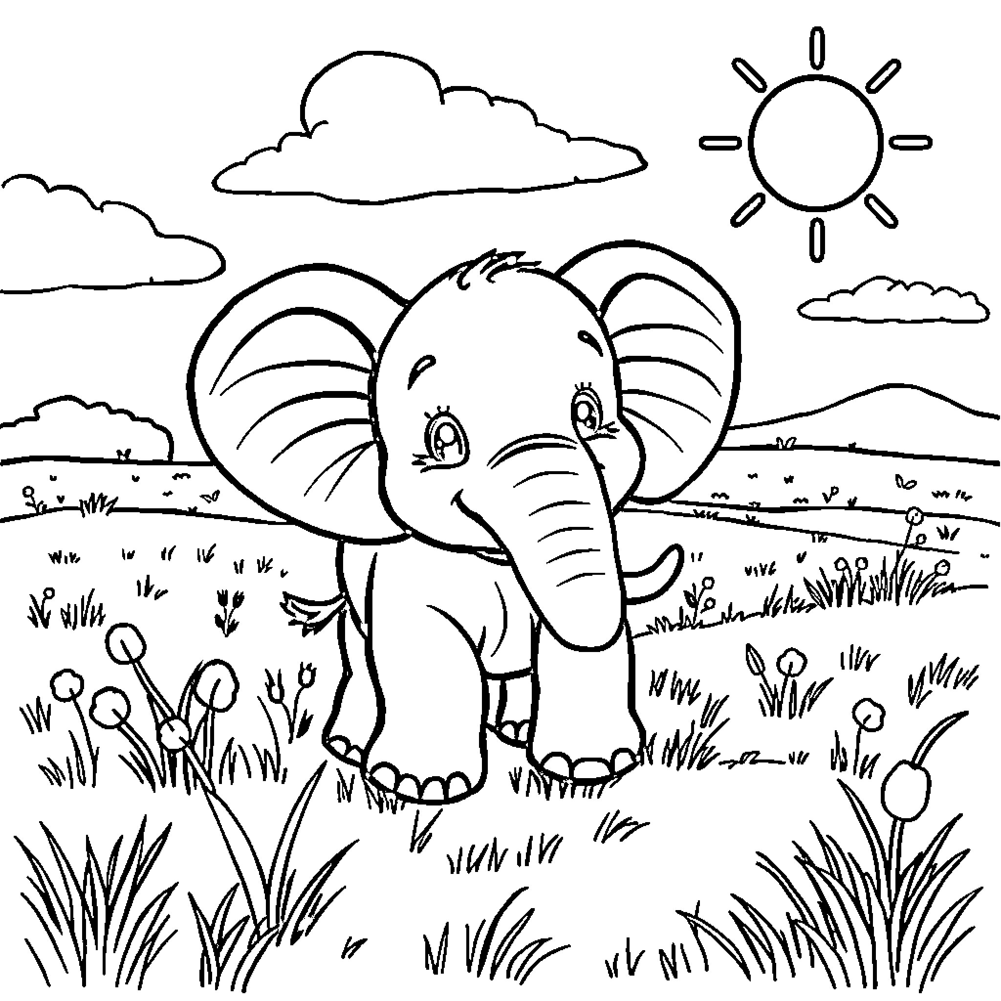 Elephant exploring a scenic landscape Coloring Page (free black-and-white line drawing printable PDF for all, from beginners to advanced learners, including children, teens, adults, and seniors)