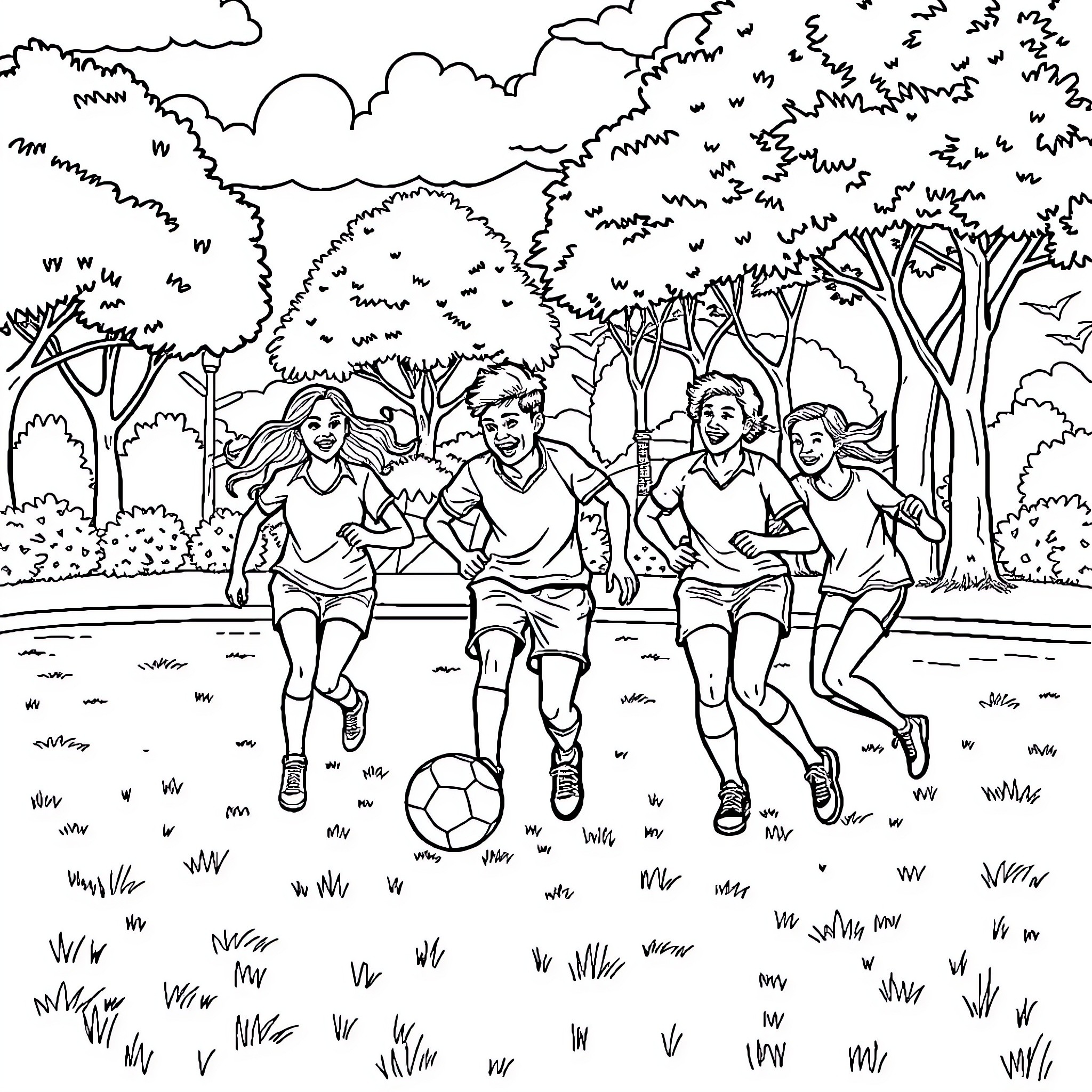 Futbol players enjoying a game in the park Coloring Page (free black-and-white line drawing printable PDF for all, from beginners to advanced learners, including children, teens, adults, and seniors)