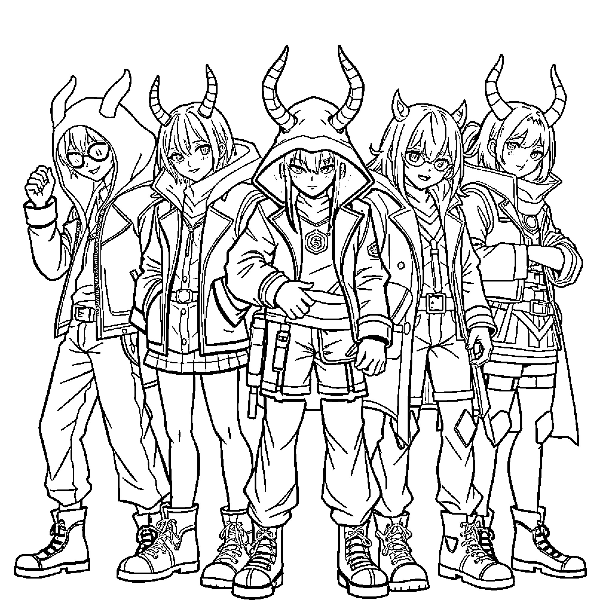 Demon Hunter Squad Gearing Up for Action Coloring Page (free black-and-white line drawing printable PDF for all, from beginners to advanced learners, including children, teens, adults, and seniors)