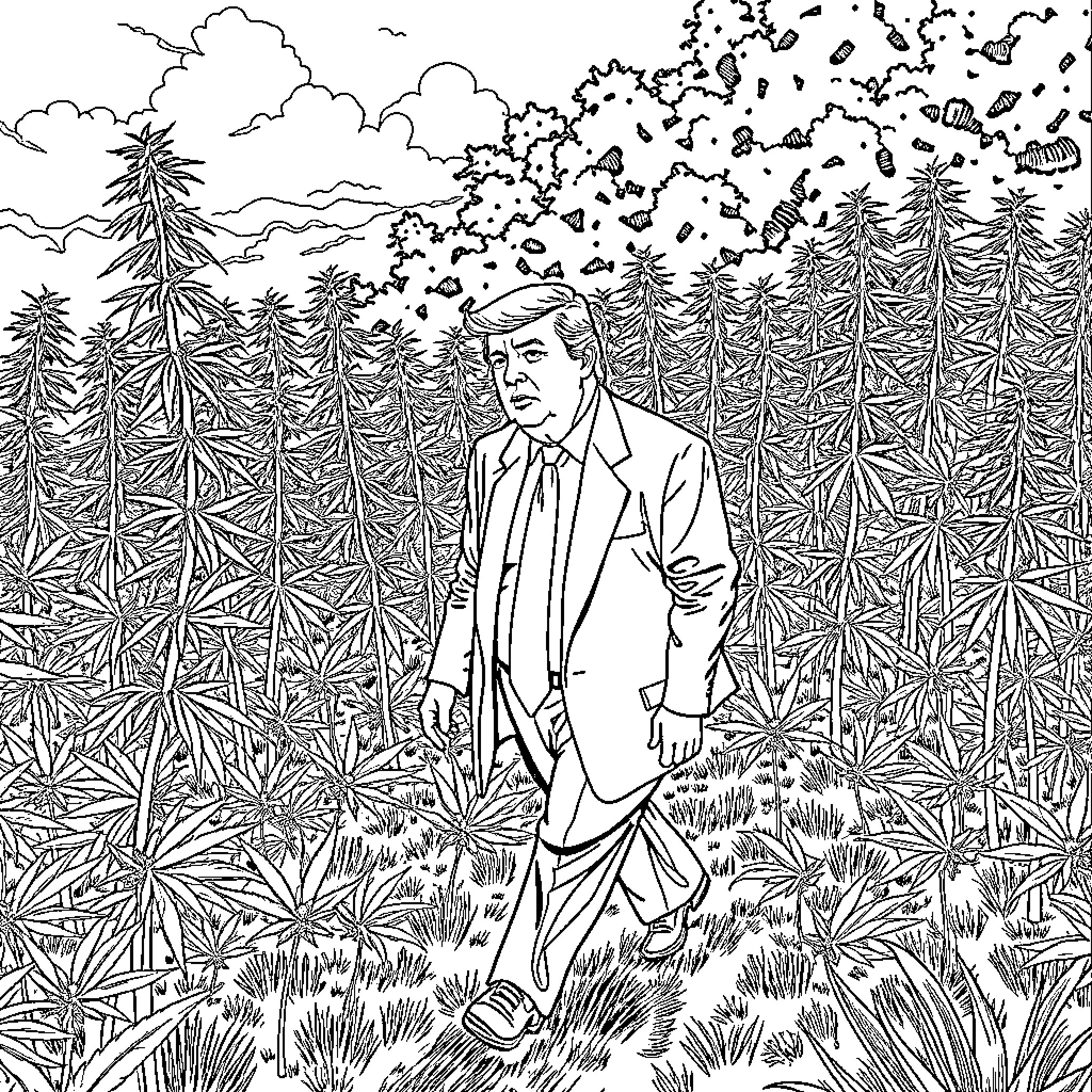 Donald Trump amid a cannabis field Coloring Page (free black-and-white line drawing printable PDF for all, from beginners to advanced learners, including children, teens, adults, and seniors)