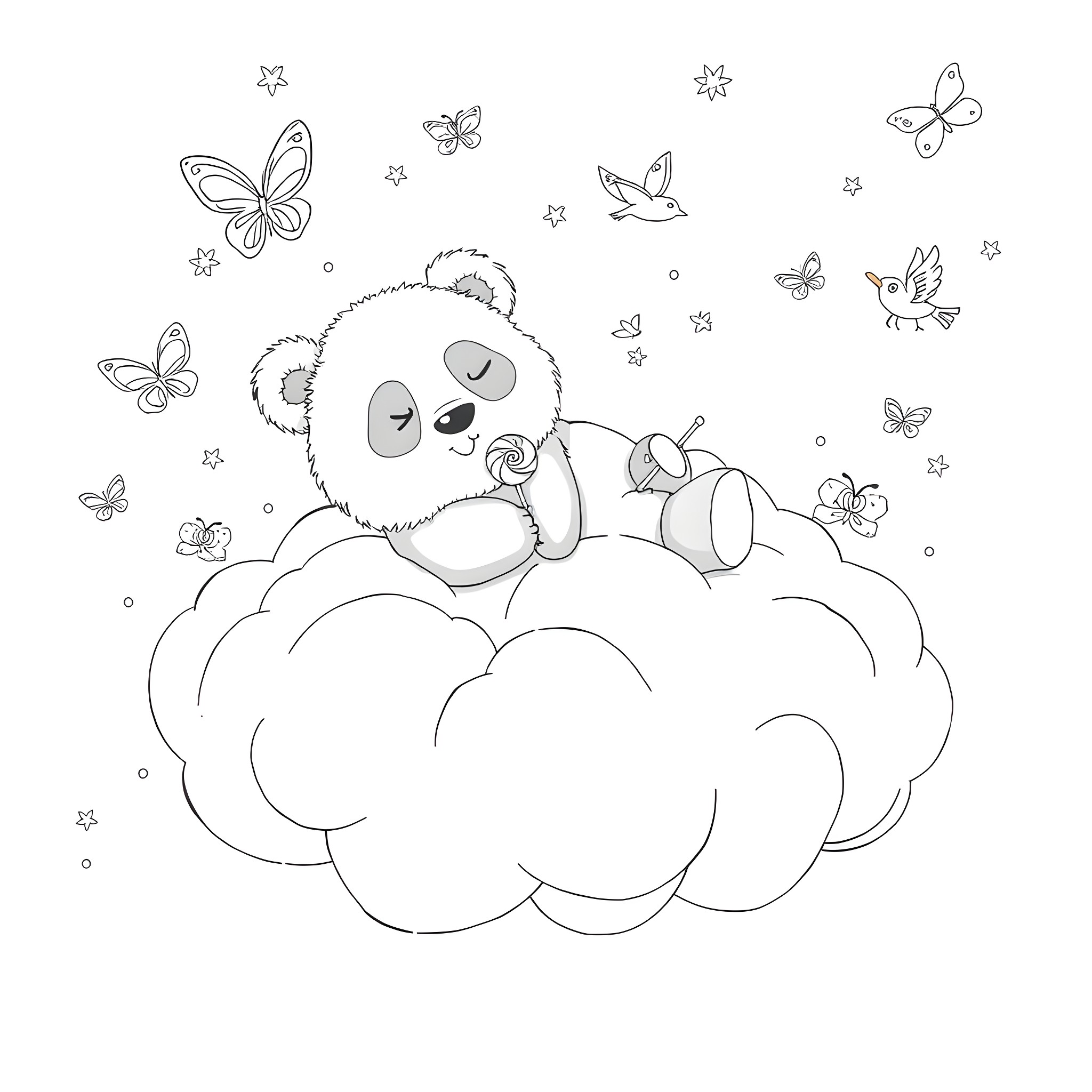 Panda resting on a cloud with butterflies Coloring Page (free black-and-white line drawing printable PDF for all, from beginners to advanced learners, including children, teens, adults, and seniors)