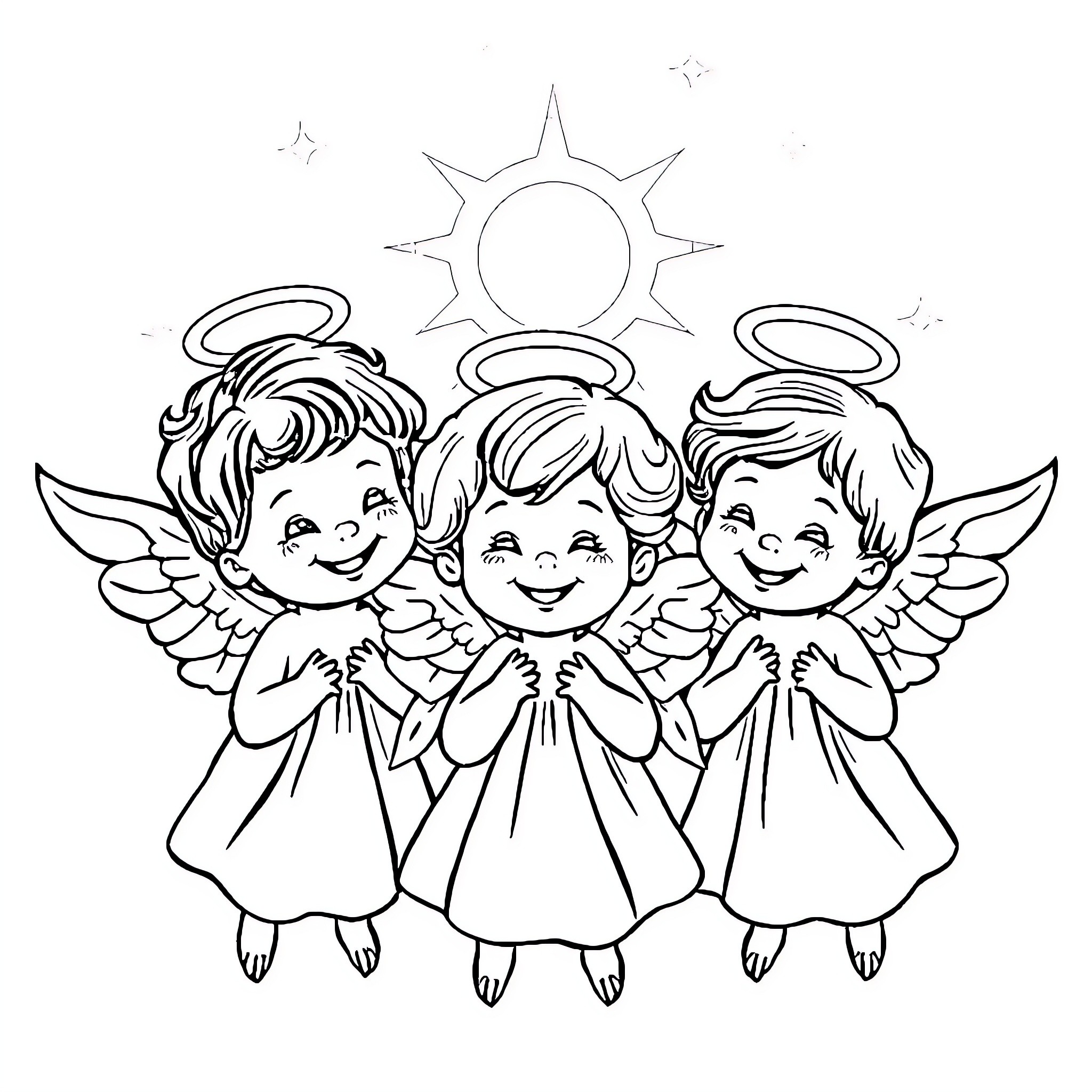 Angel trio celebrating joyfully under the sun Coloring Page (free black-and-white line drawing printable PDF for all, from beginners to advanced learners, including children, teens, adults, and seniors)