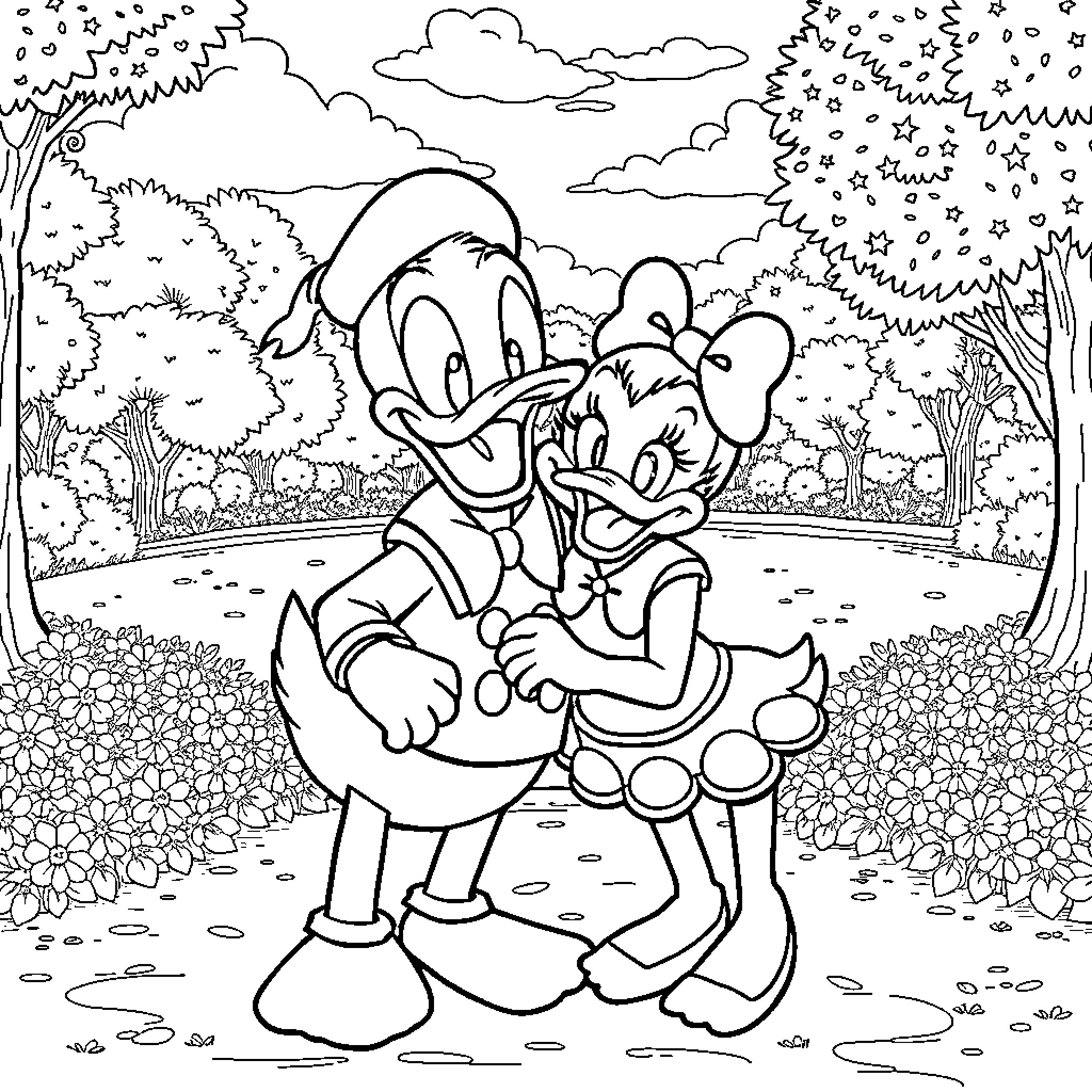 Donald Duck and Daisy Duck hugging in the forest Coloring Page (free black-and-white line drawing printable PDF for all, from beginners to advanced learners, including children, teens, adults, and seniors)