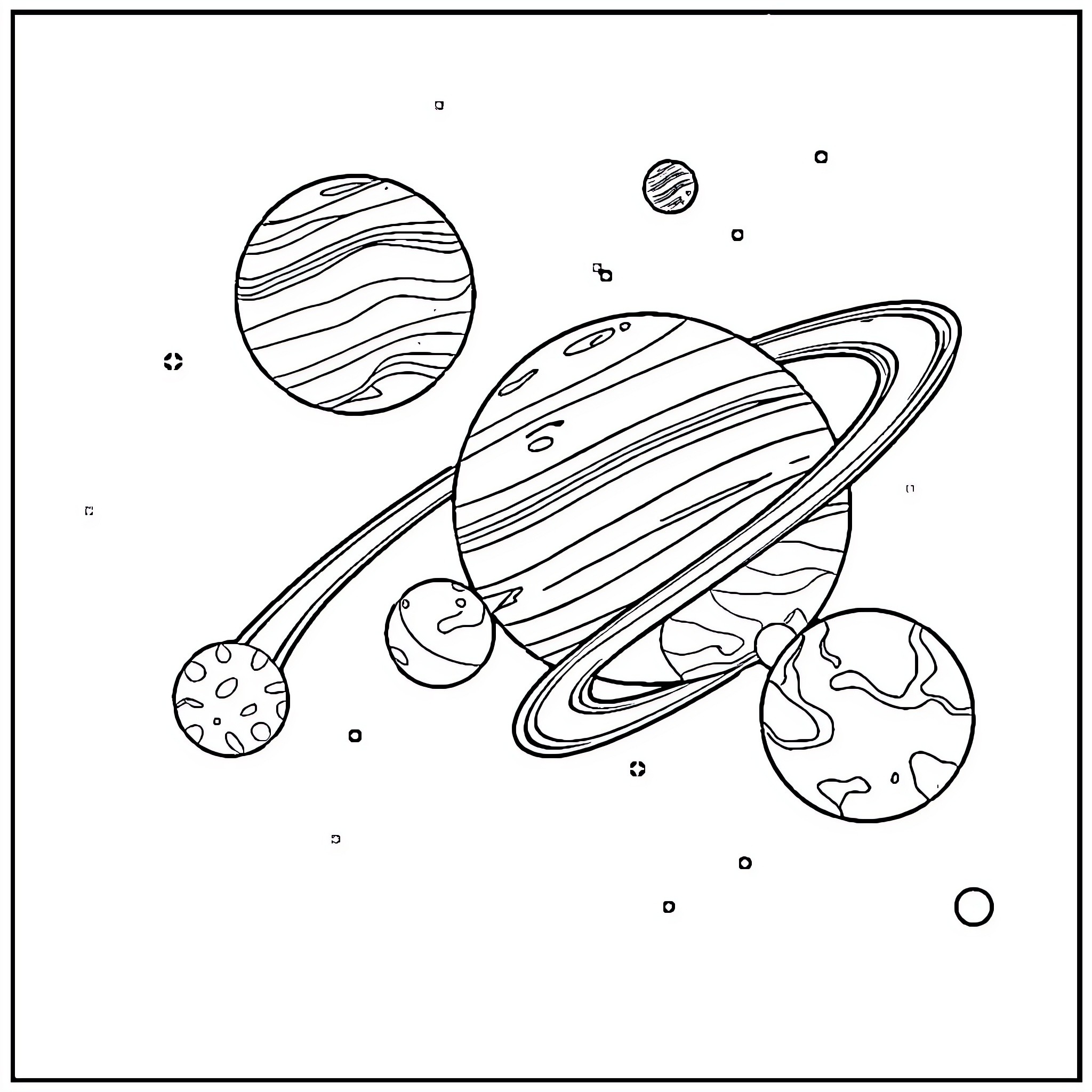 Planet Themed Space Scene with Planets and Celestial Bodies Coloring Page (free black-and-white line drawing printable PDF for all, from beginners to advanced learners, including children, teens, adults, and seniors)
