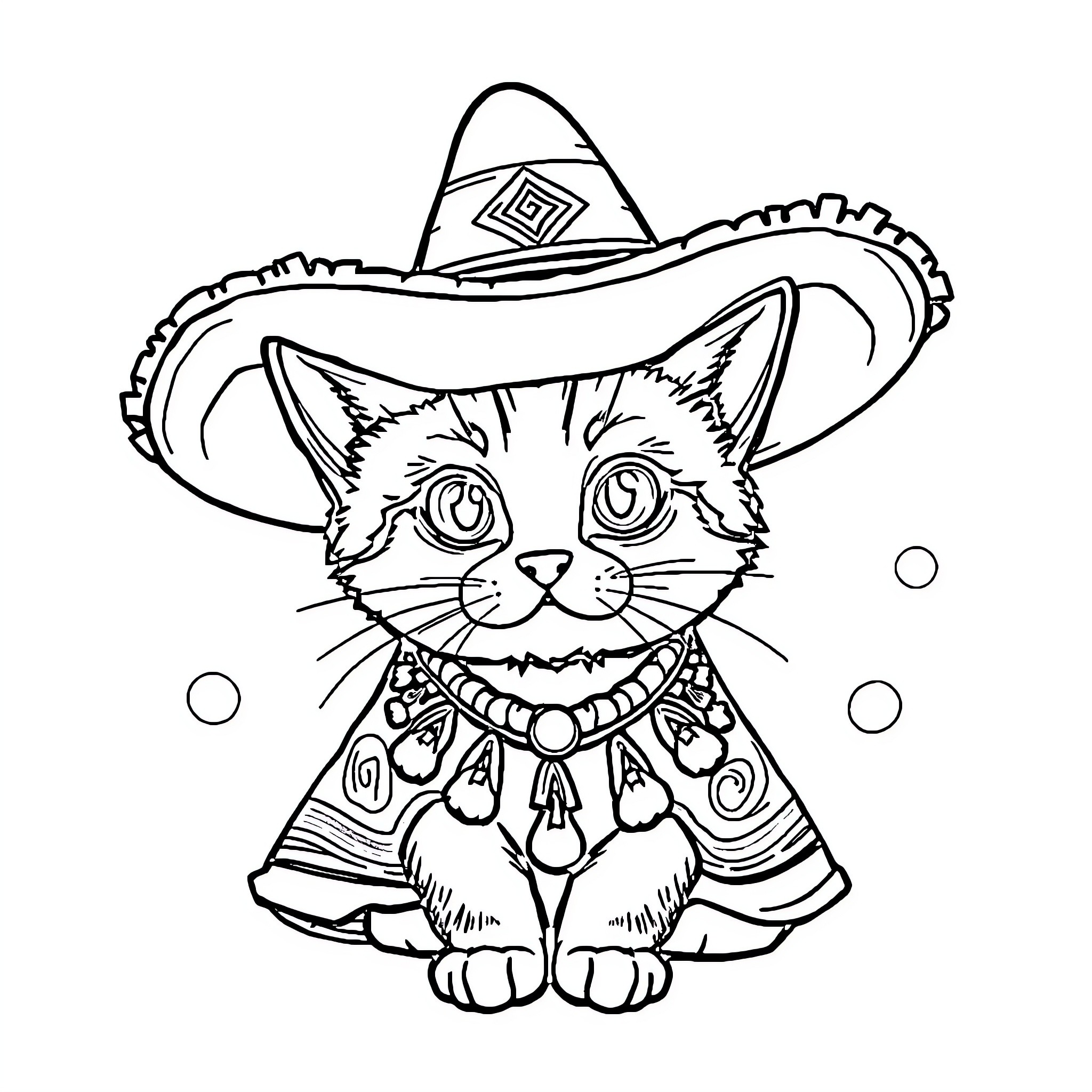 Cat wearing a festive sombrero Coloring Page (free black-and-white line drawing printable PDF for all, from beginners to advanced learners, including children, teens, adults, and seniors)