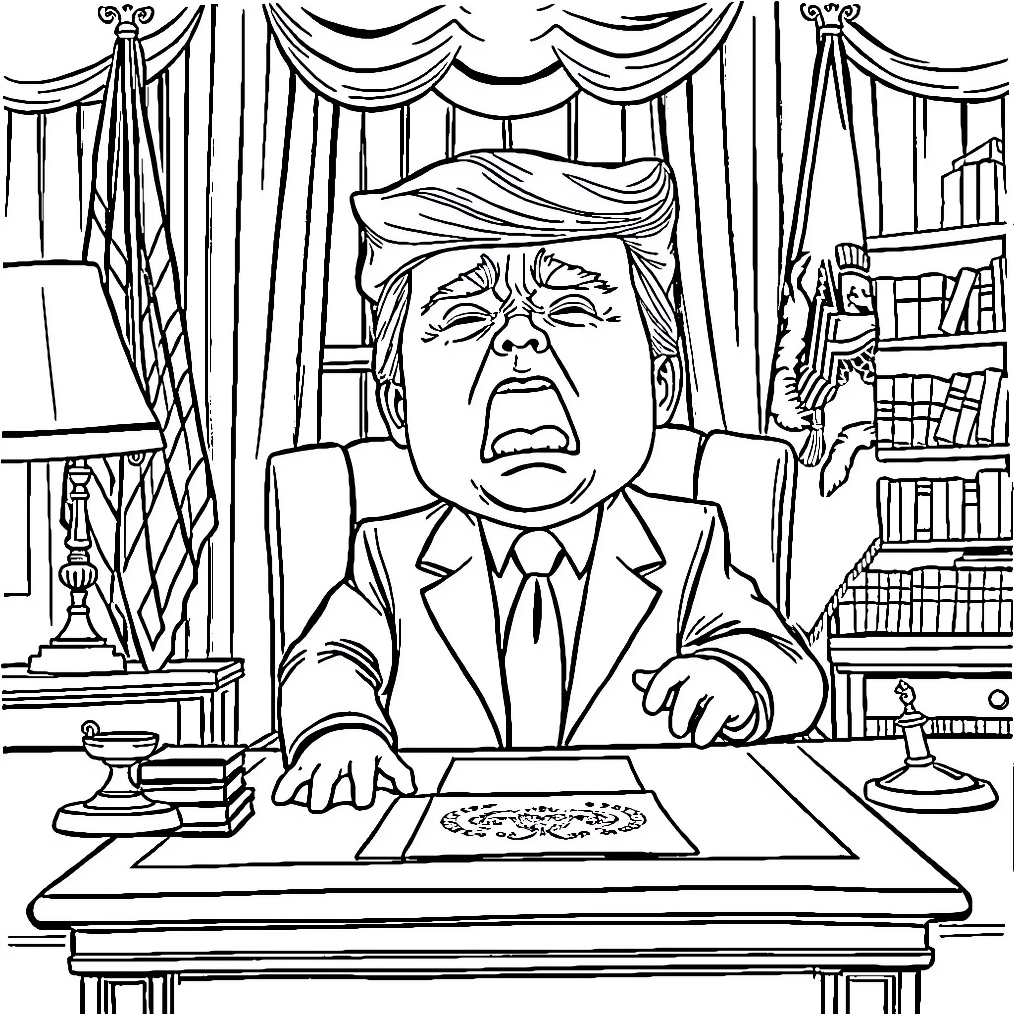 Donald Trump's Tense Expression in the Oval Office Coloring Page (free black-and-white line drawing printable PDF for all, from beginners to advanced learners, including children, teens, adults, and seniors)